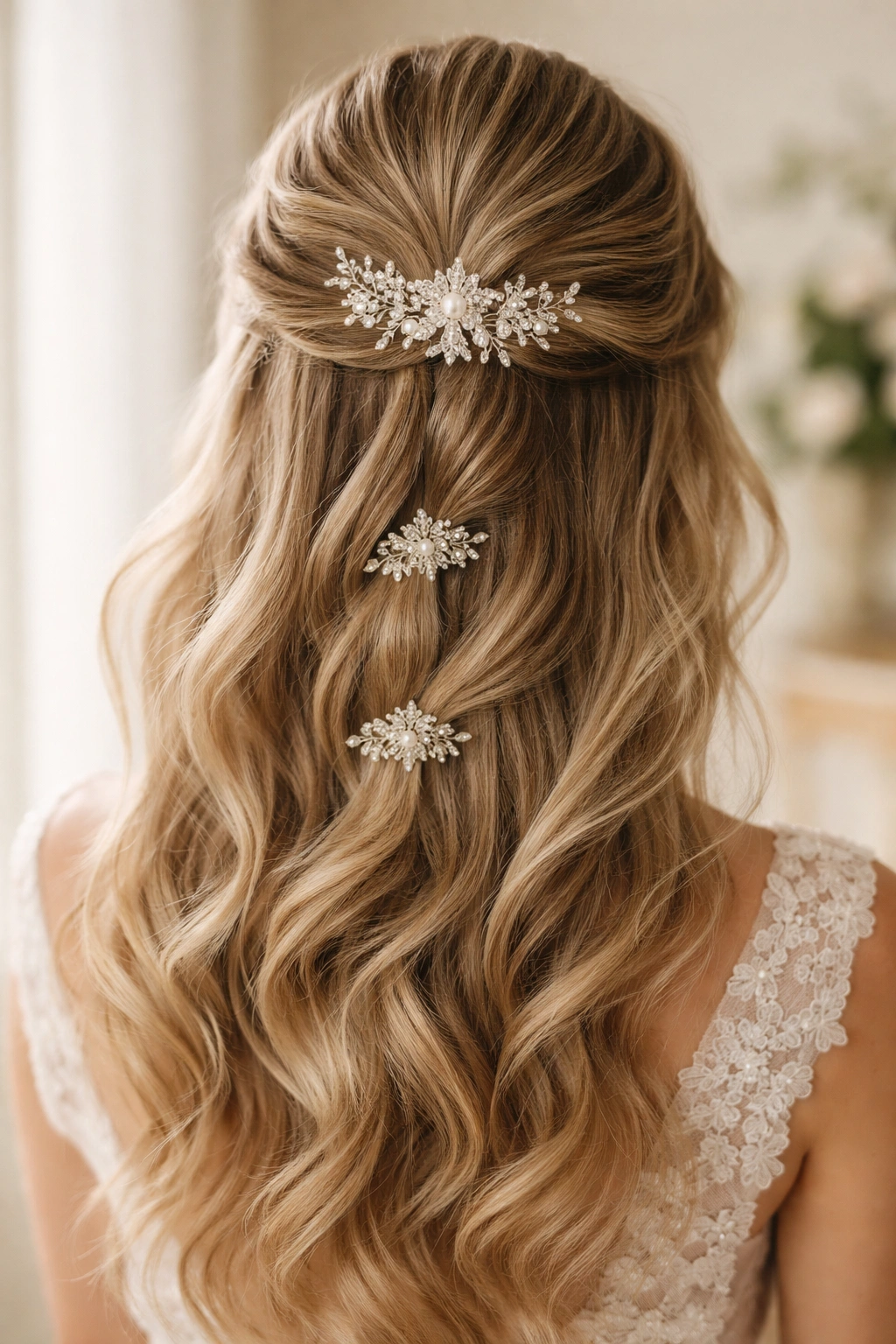 Back view of half-up hairstyle with decorative combs at crown