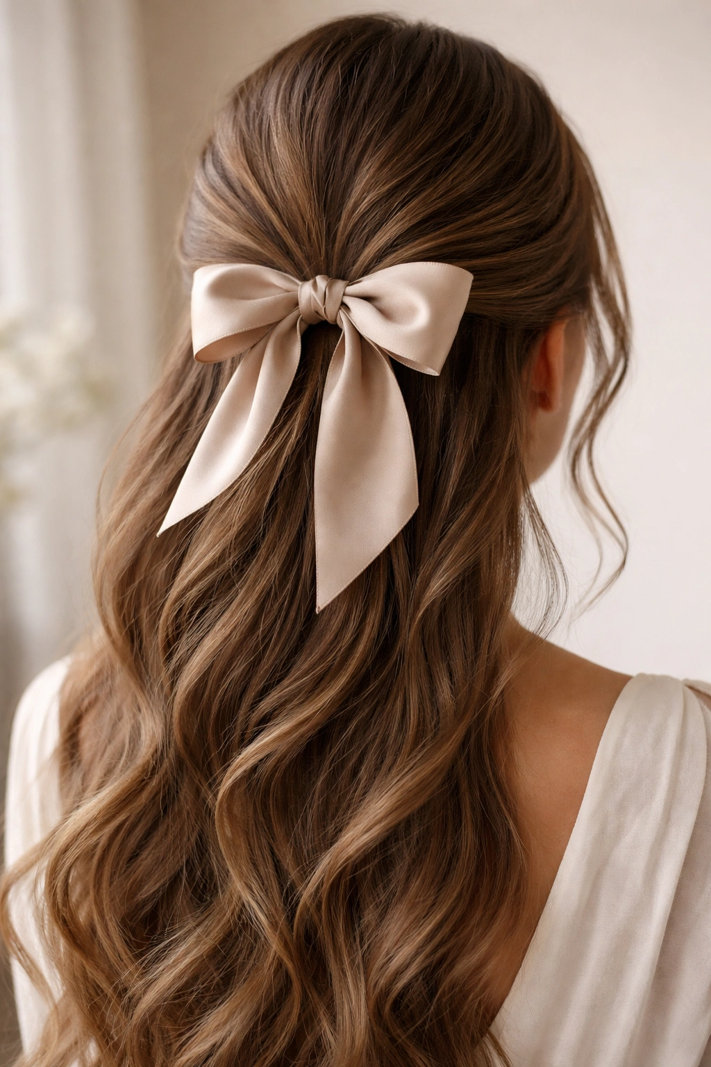Close-up of a silk ribbon accessory tied in a half-up hairstyle with soft lighting