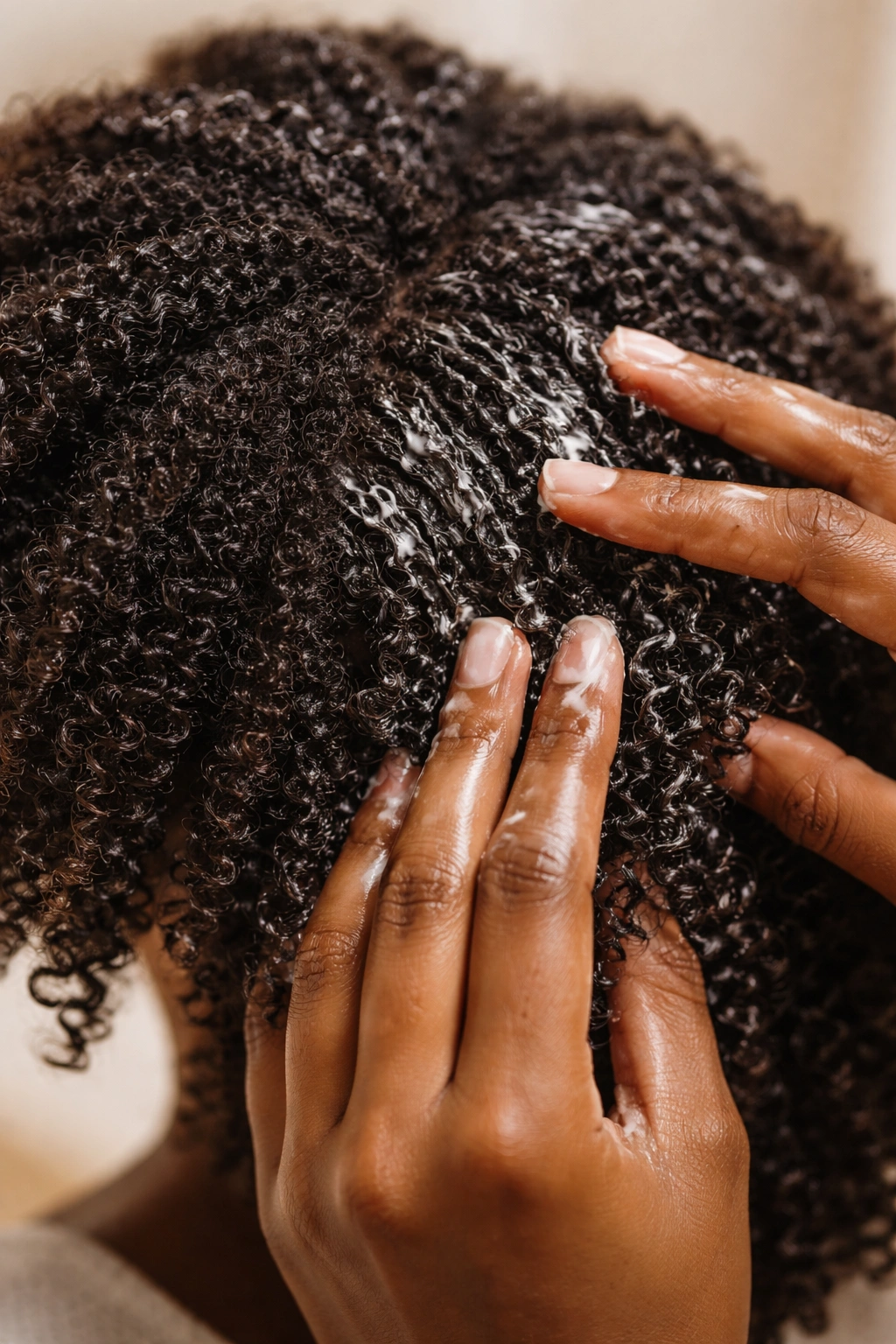 Close-up of 4C hair being moisturized before styling