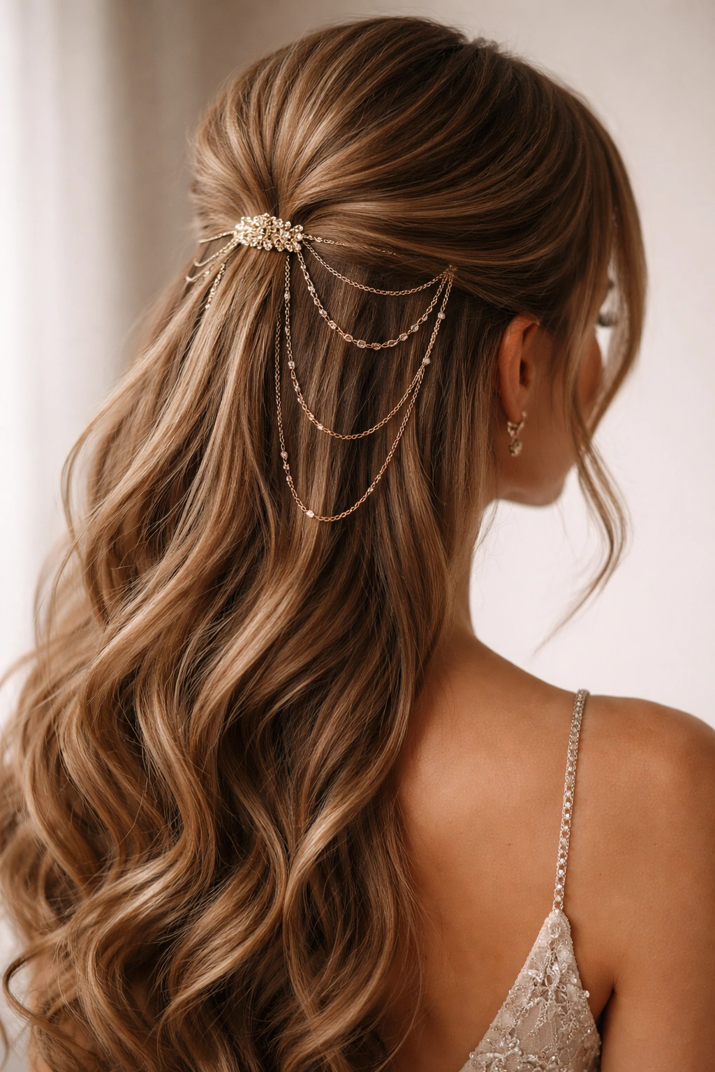 Half-up hairstyle with delicate hair chains draping through gathered section