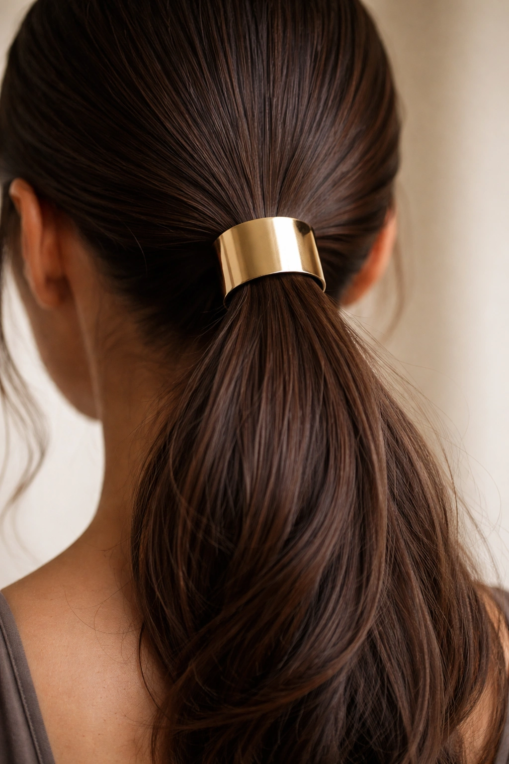 Close-up of a metallic hair cuff secured around a ponytail at the base