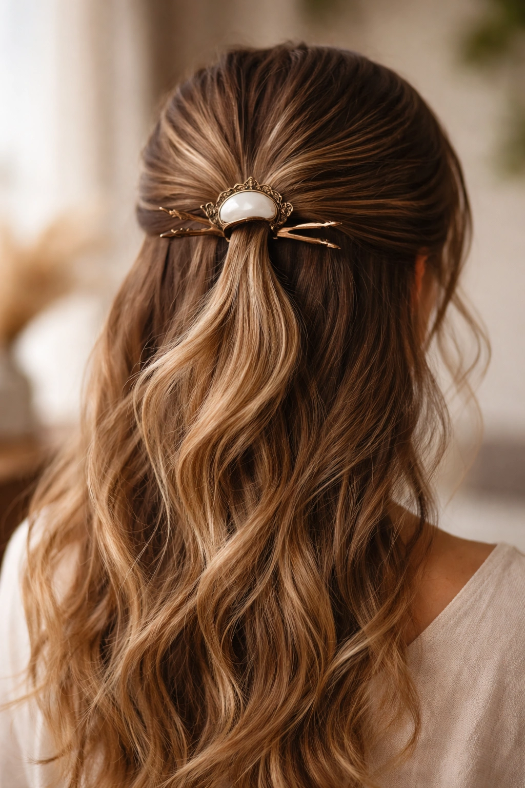 Close-up of half-up hairstyle secured with decorative hair fork visible as accessory