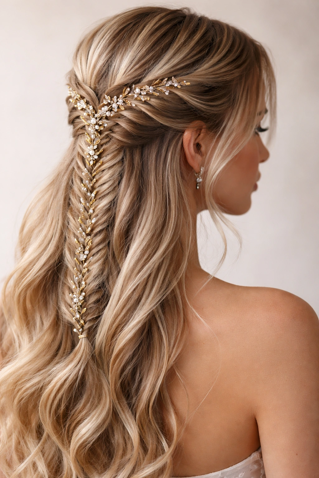 Fishtail half-up hairstyle woven with decorative hair jewelry