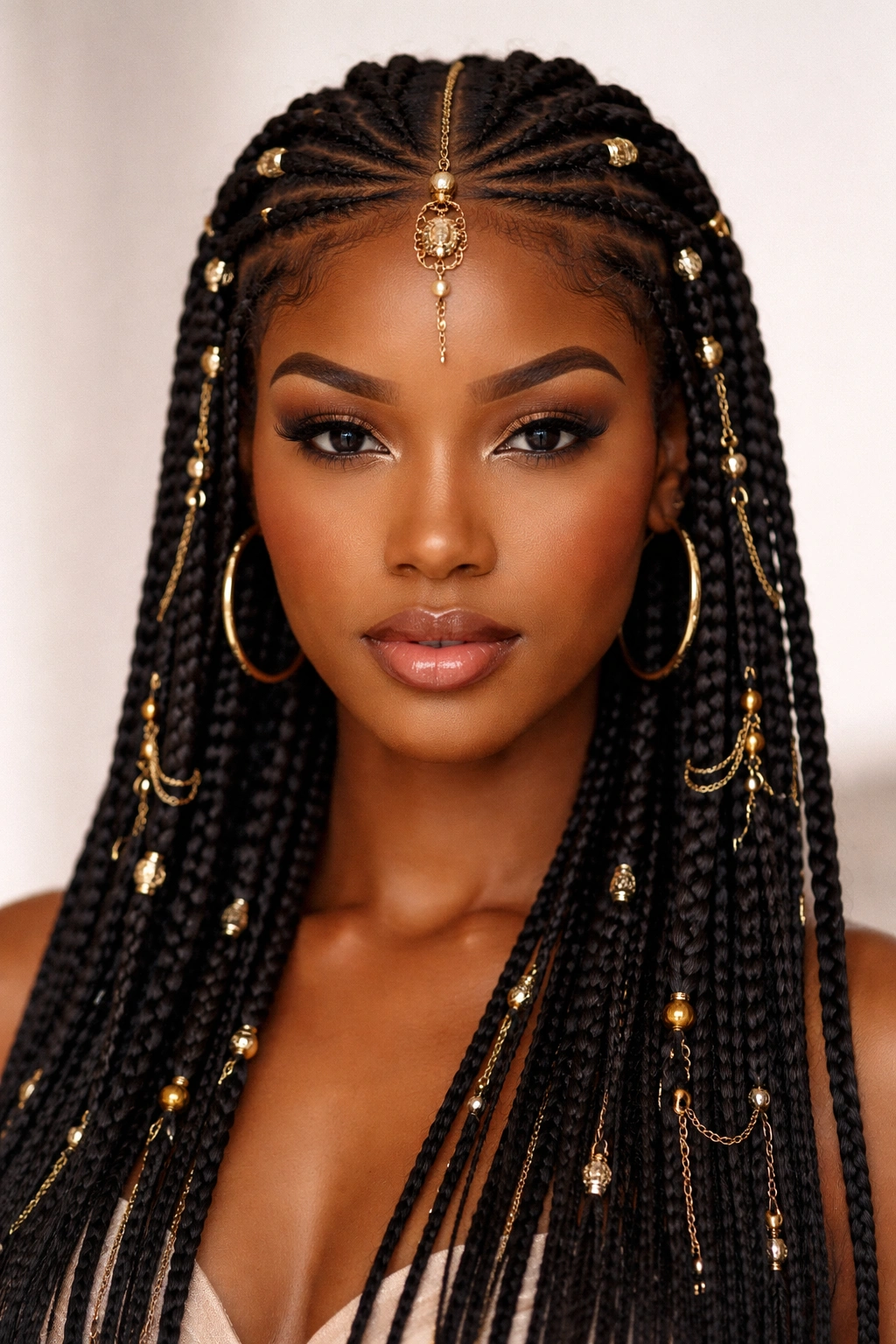 Close-up of Fulani braids with hair jewelry chains and cuffs woven into the braids