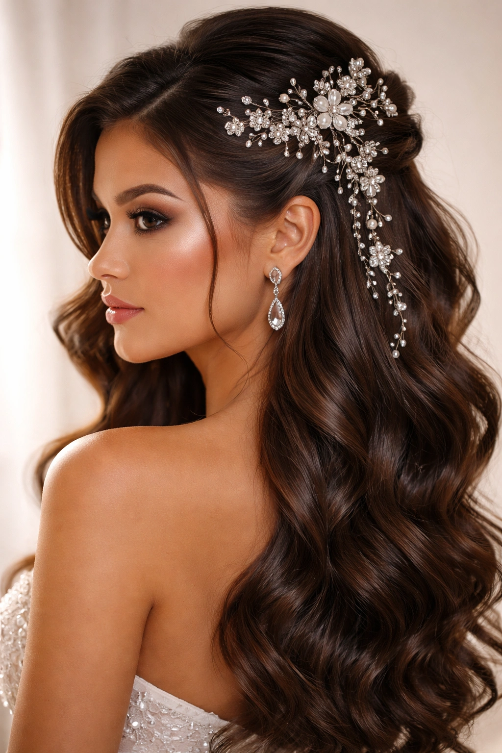Close-up of half-up hairstyle with decorative hair jewelry woven through the crown