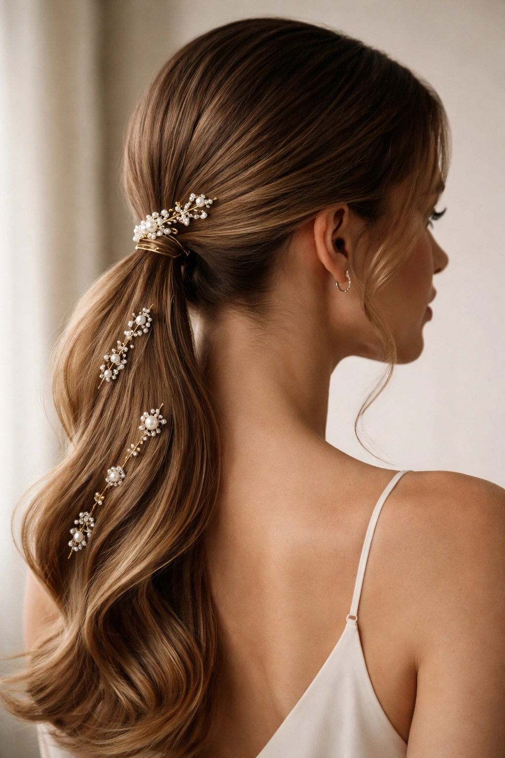 Low ponytail with scattered pearl and crystal pins