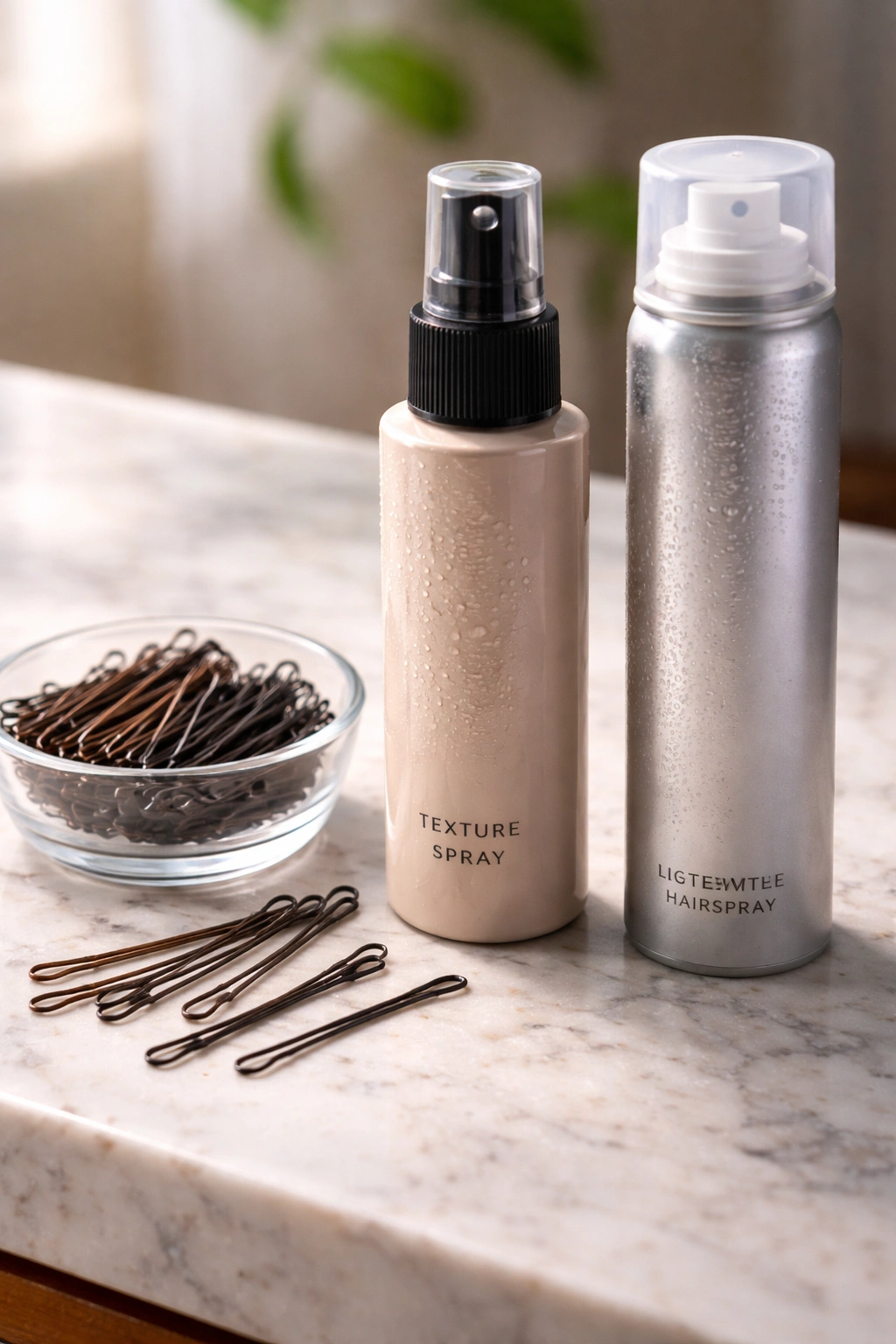 Close-up of color-matched bobby pins, texture spray, and lightweight hairspray on a clean surface