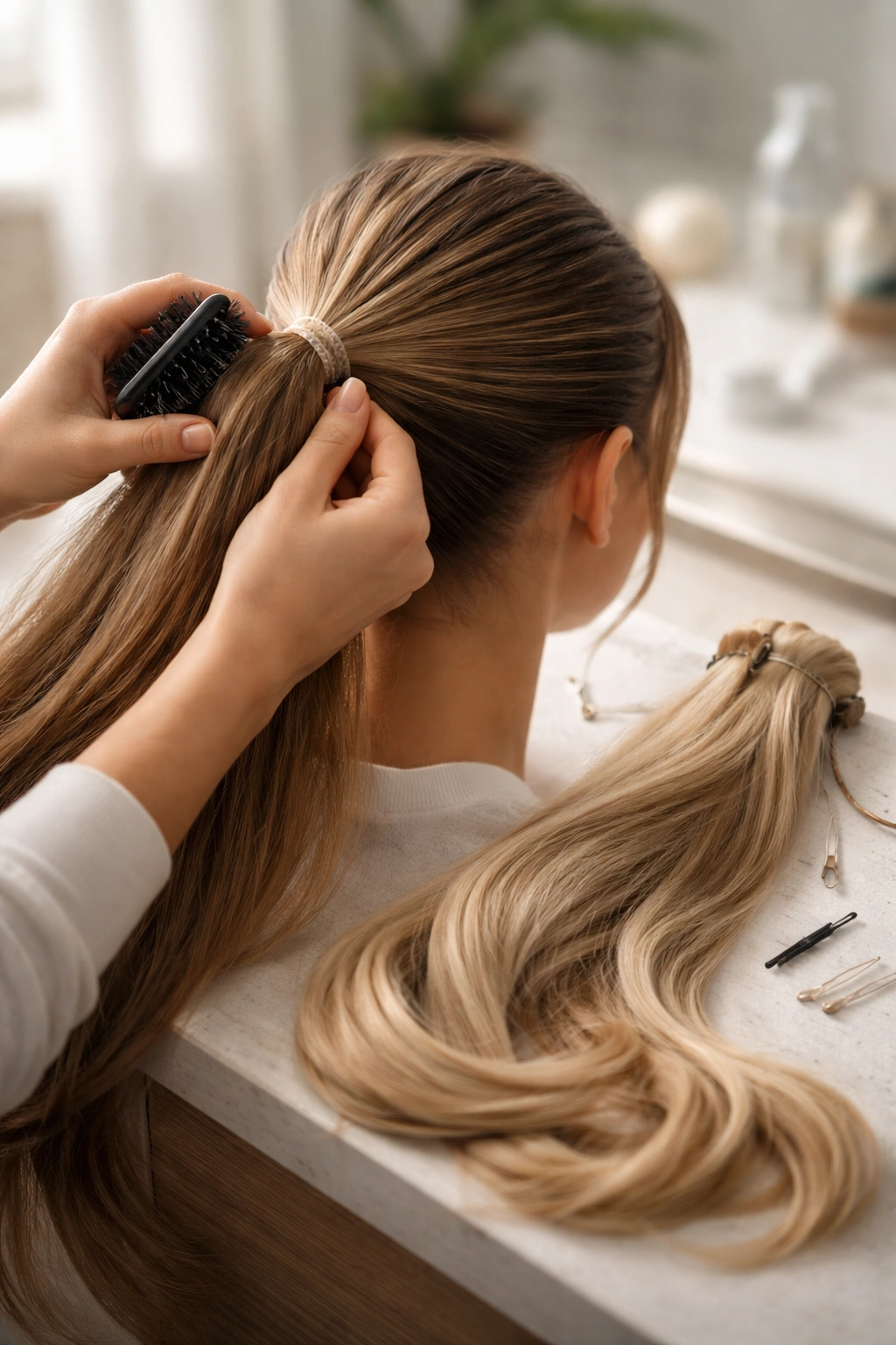 Hands sectioning hair and securing a base ponytail before attaching a clip-in piece