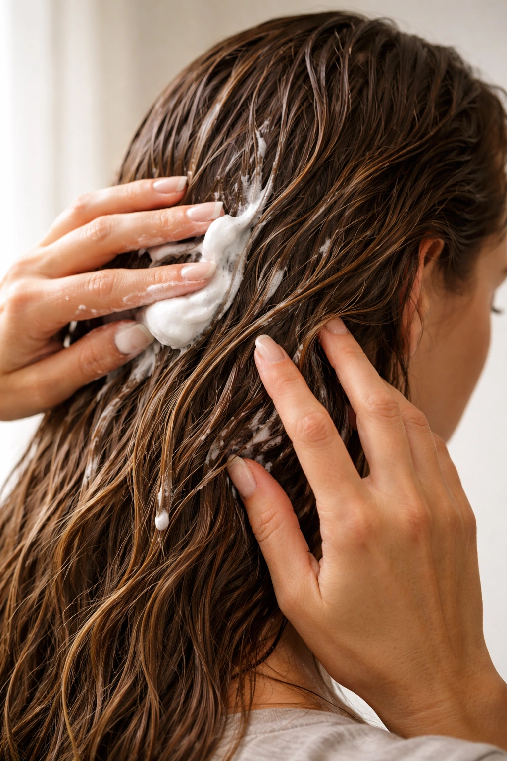Close-up of damp hair with mousse being applied for rain-ready hold