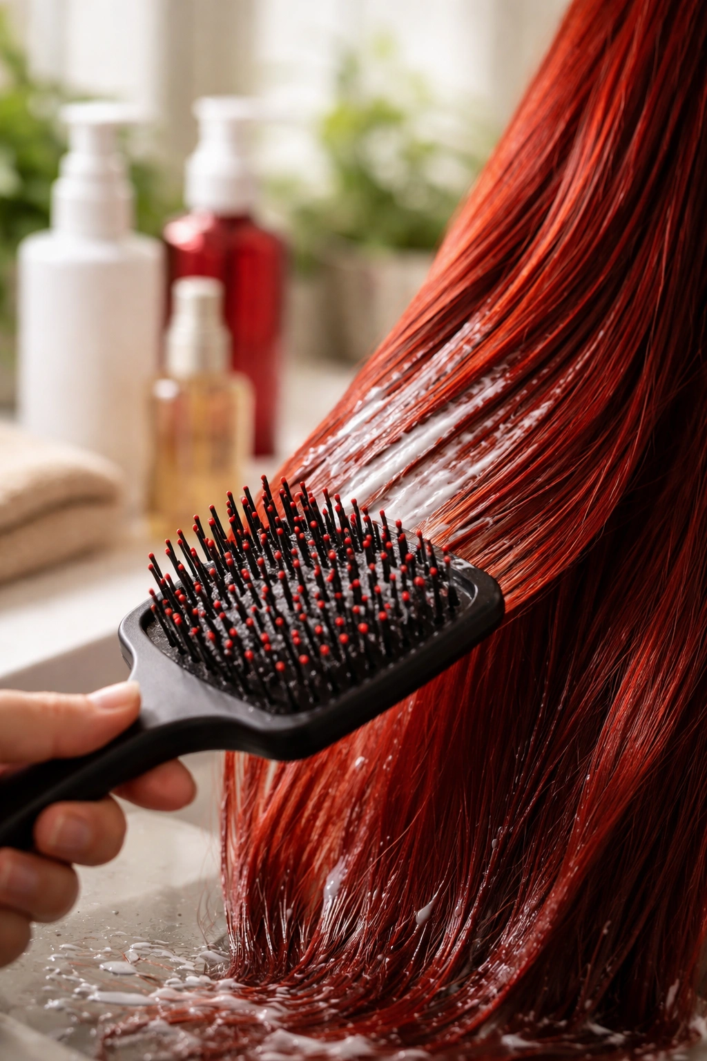 Close-up of glossy red hair being conditioned for bold braid styles