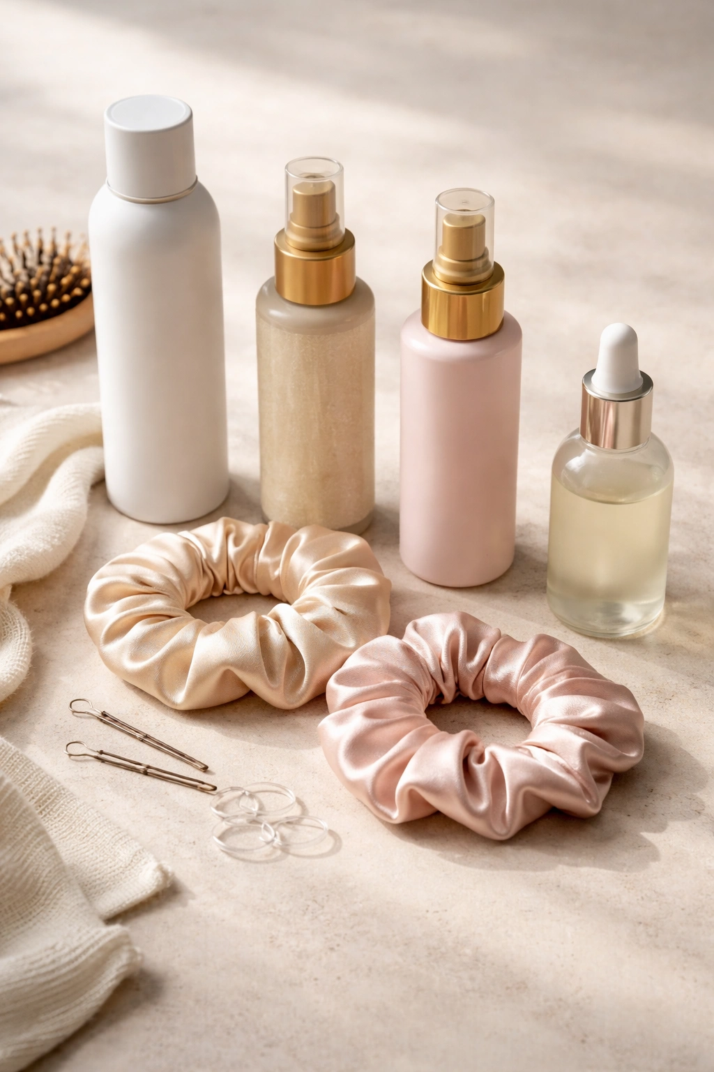 Assorted hair care products and silk scrunchies arranged for styling