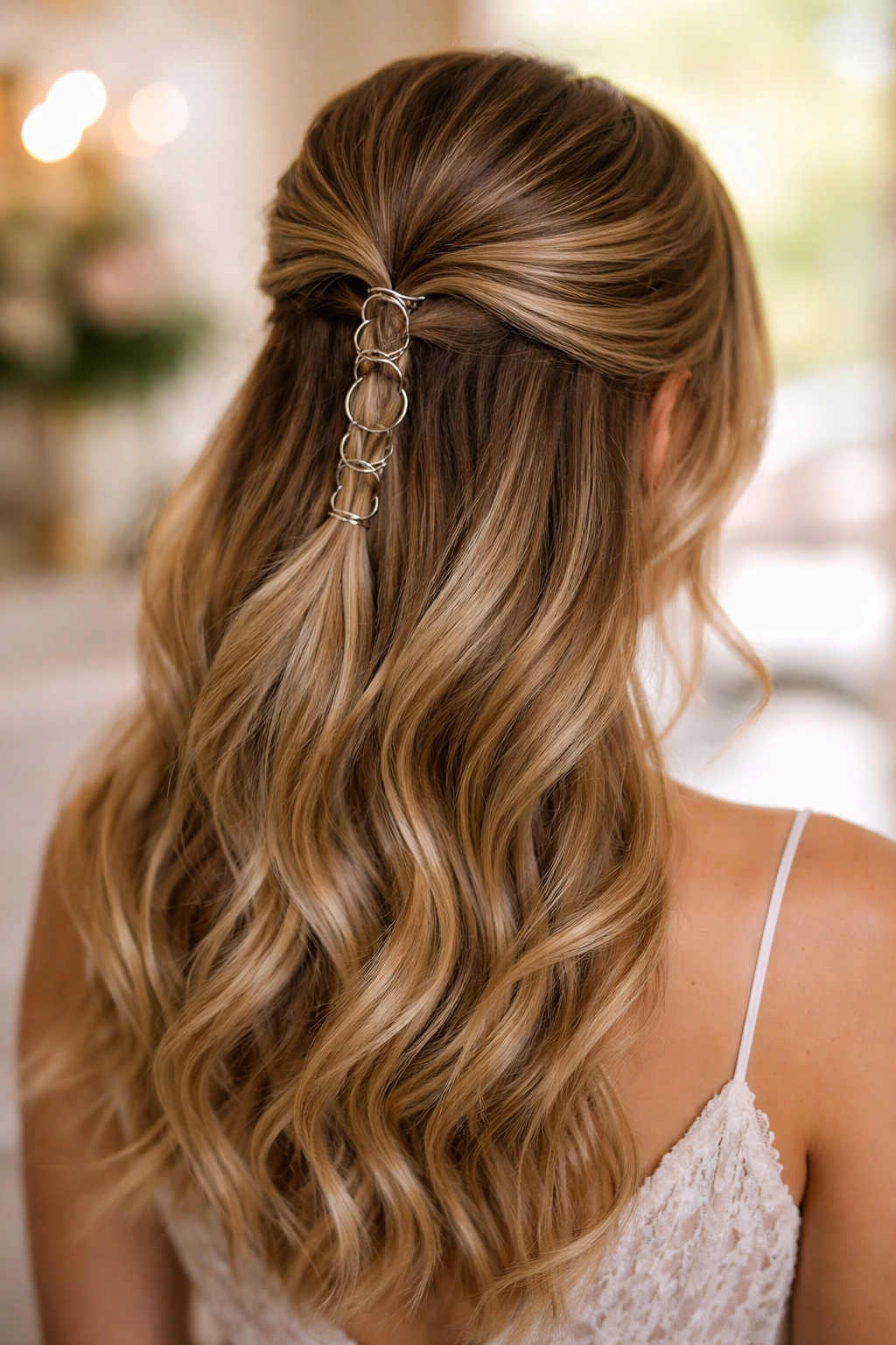 Close-up of Half Up with Hair Rings showing rings on the gathered section