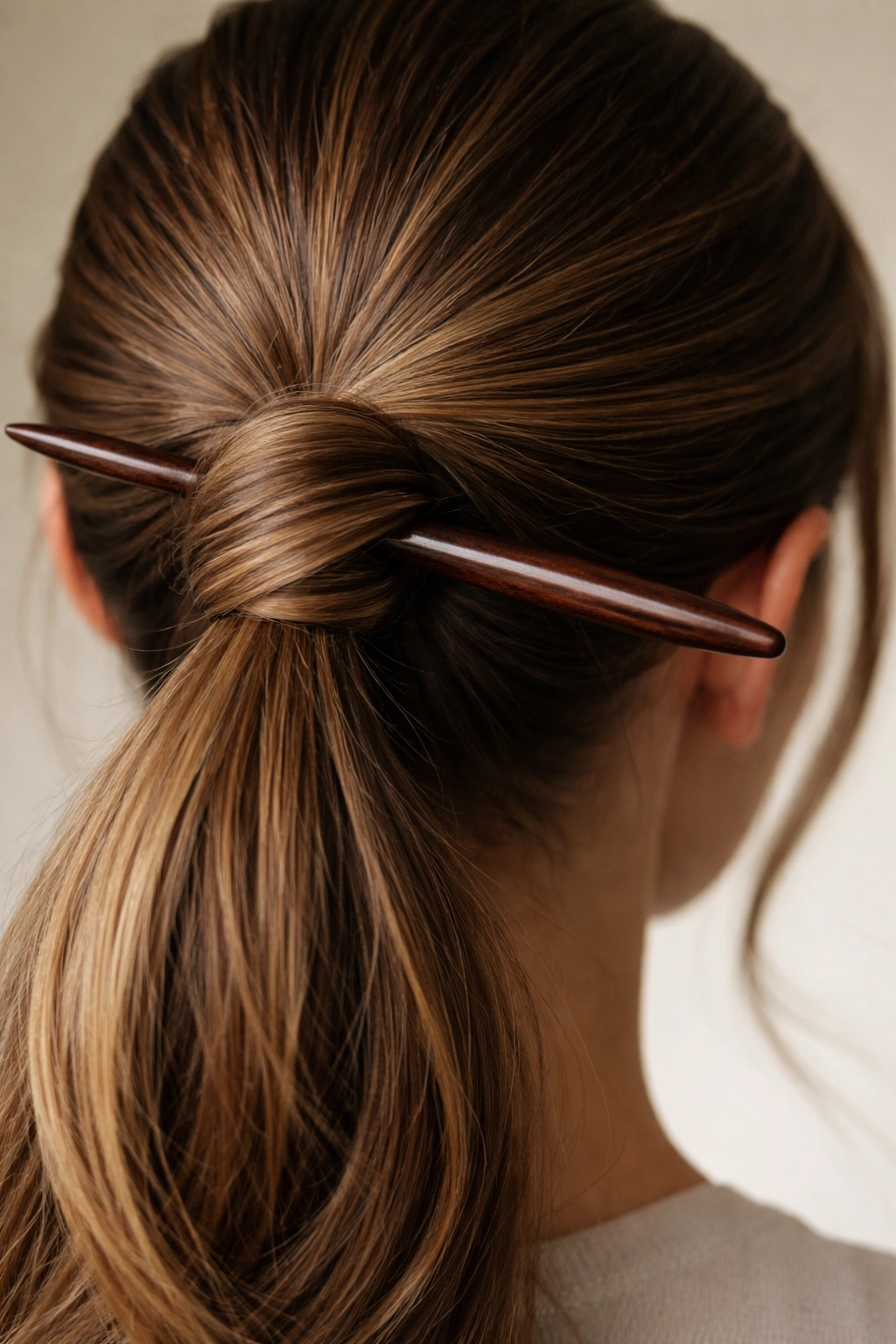 Ponytail secured with a hair stick through the base