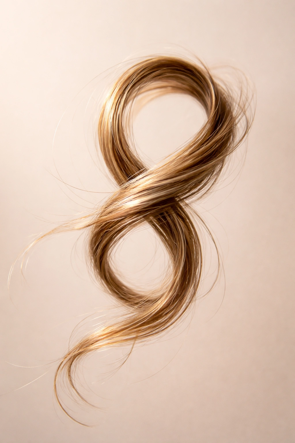 Macro close-up of a glossy hair strand looping into a simple shape on a neutral background
