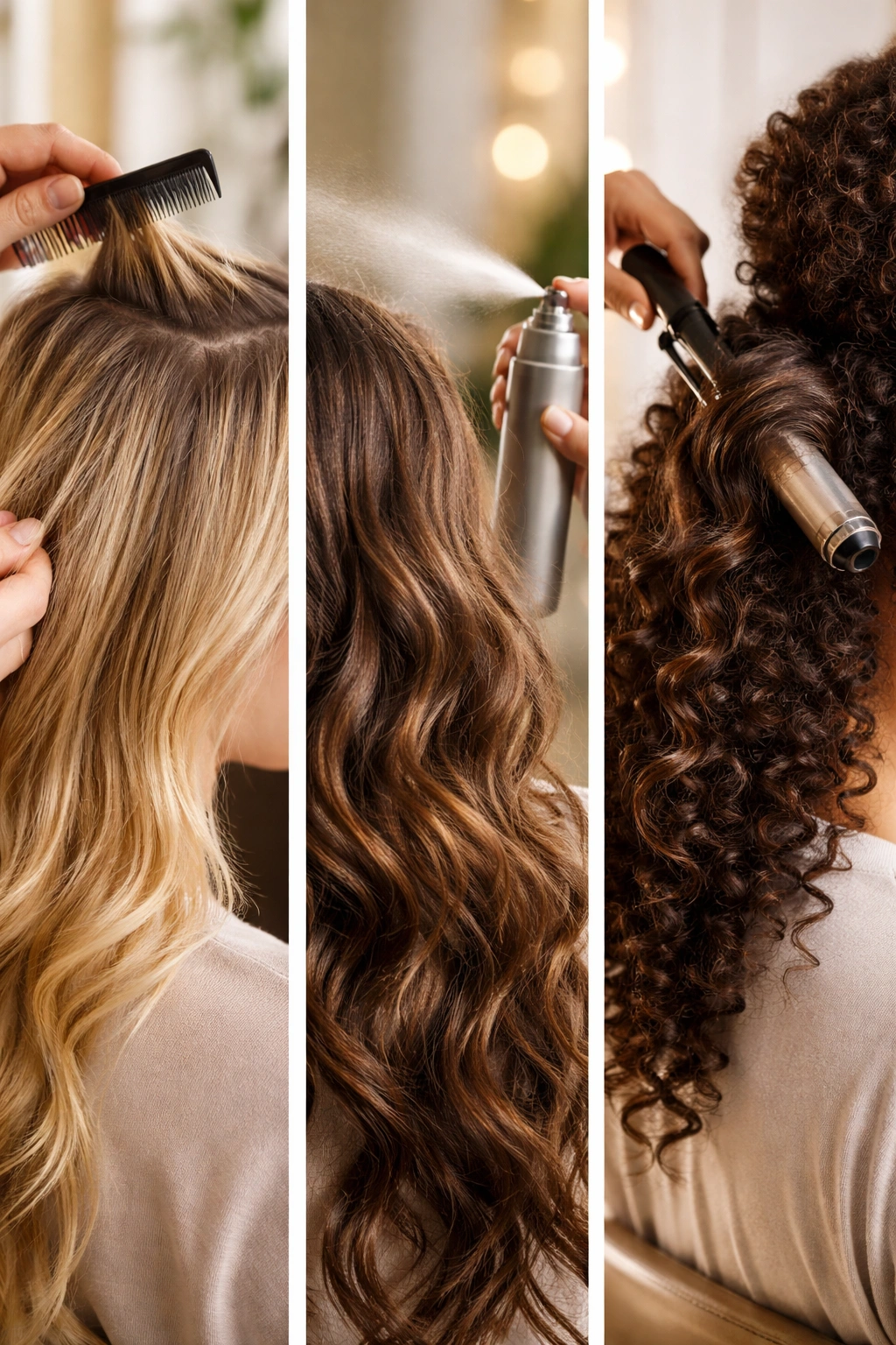 Close-up of diverse hair textures being prepped for textured ponytails with backcombing and spray