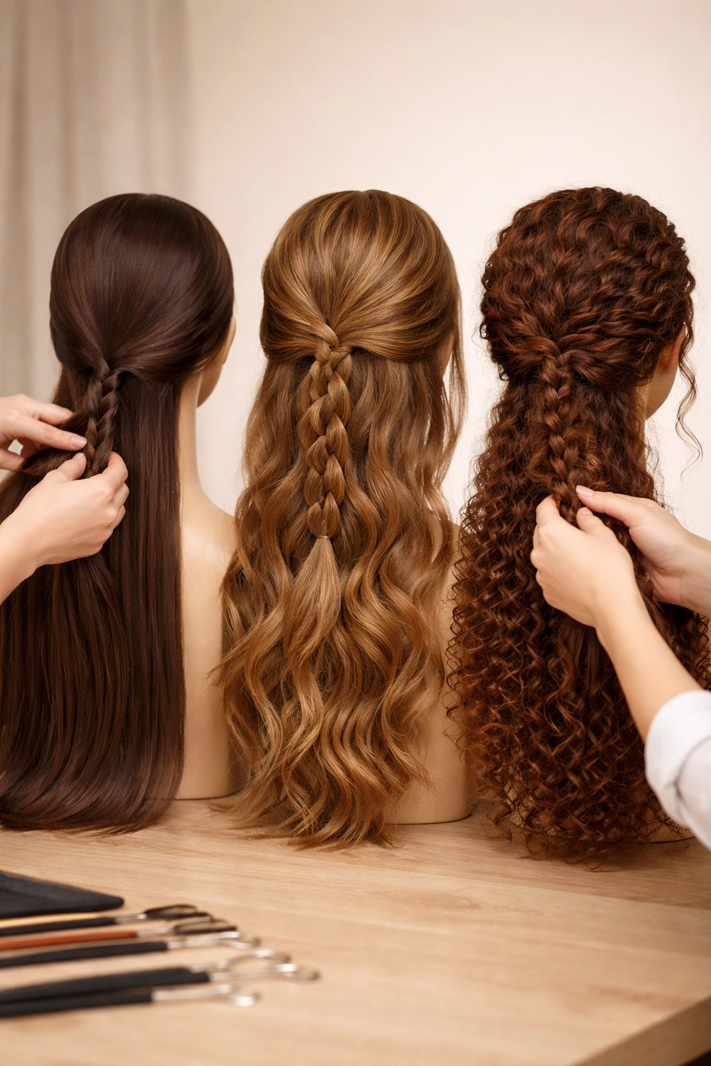Mannequin head showing straight, wavy, and curly textures for braiding