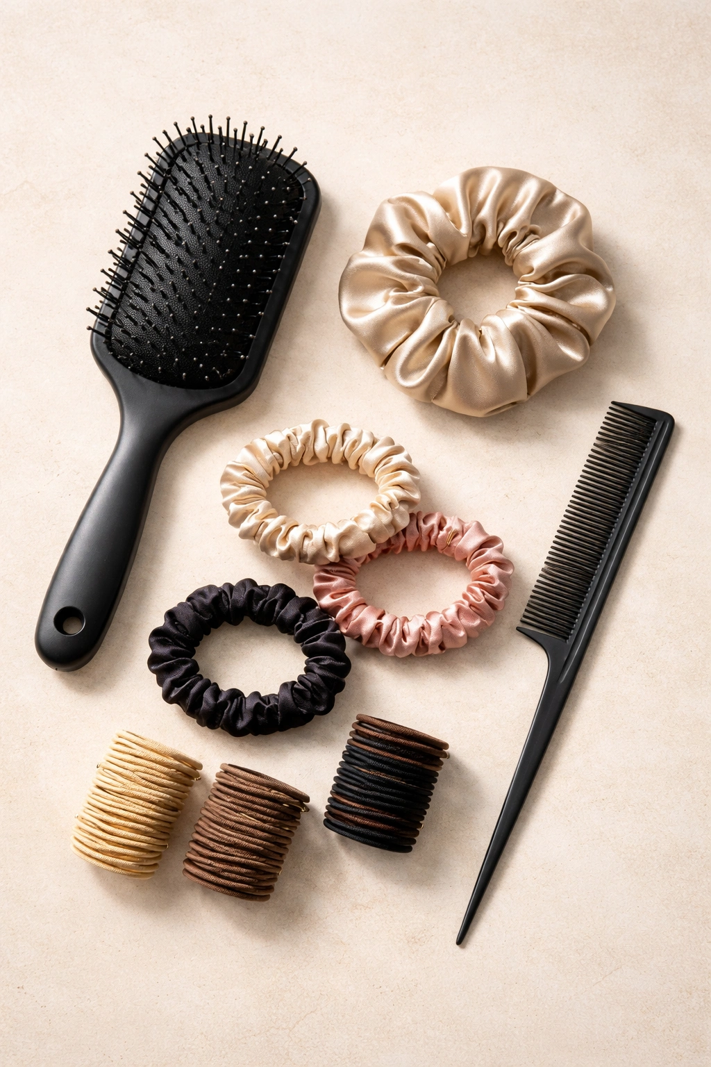 Flat lay of silk scrunchie and hair tools for half ponytail styling