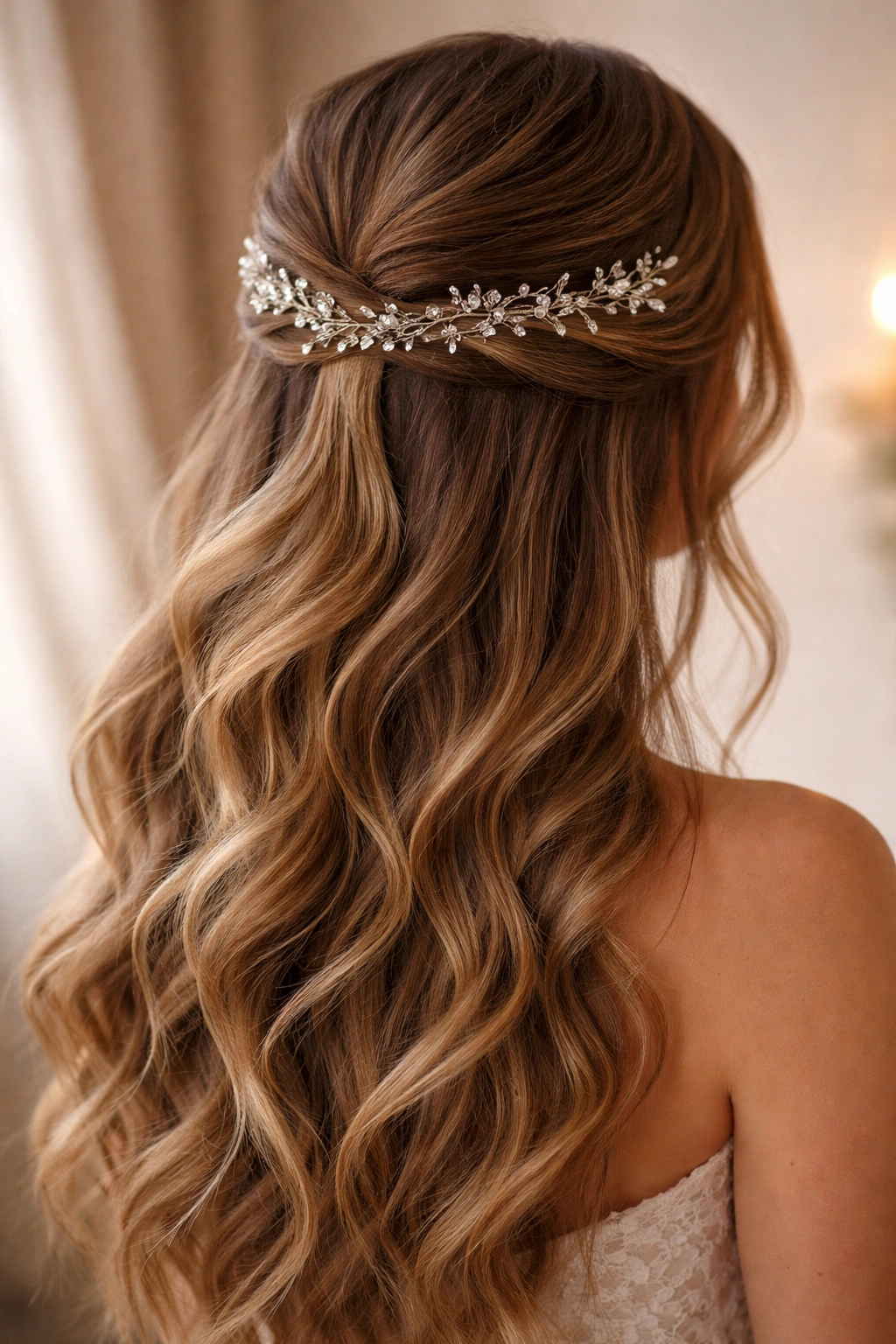 Half-up hairstyle with delicate hair vine wrapped at the base