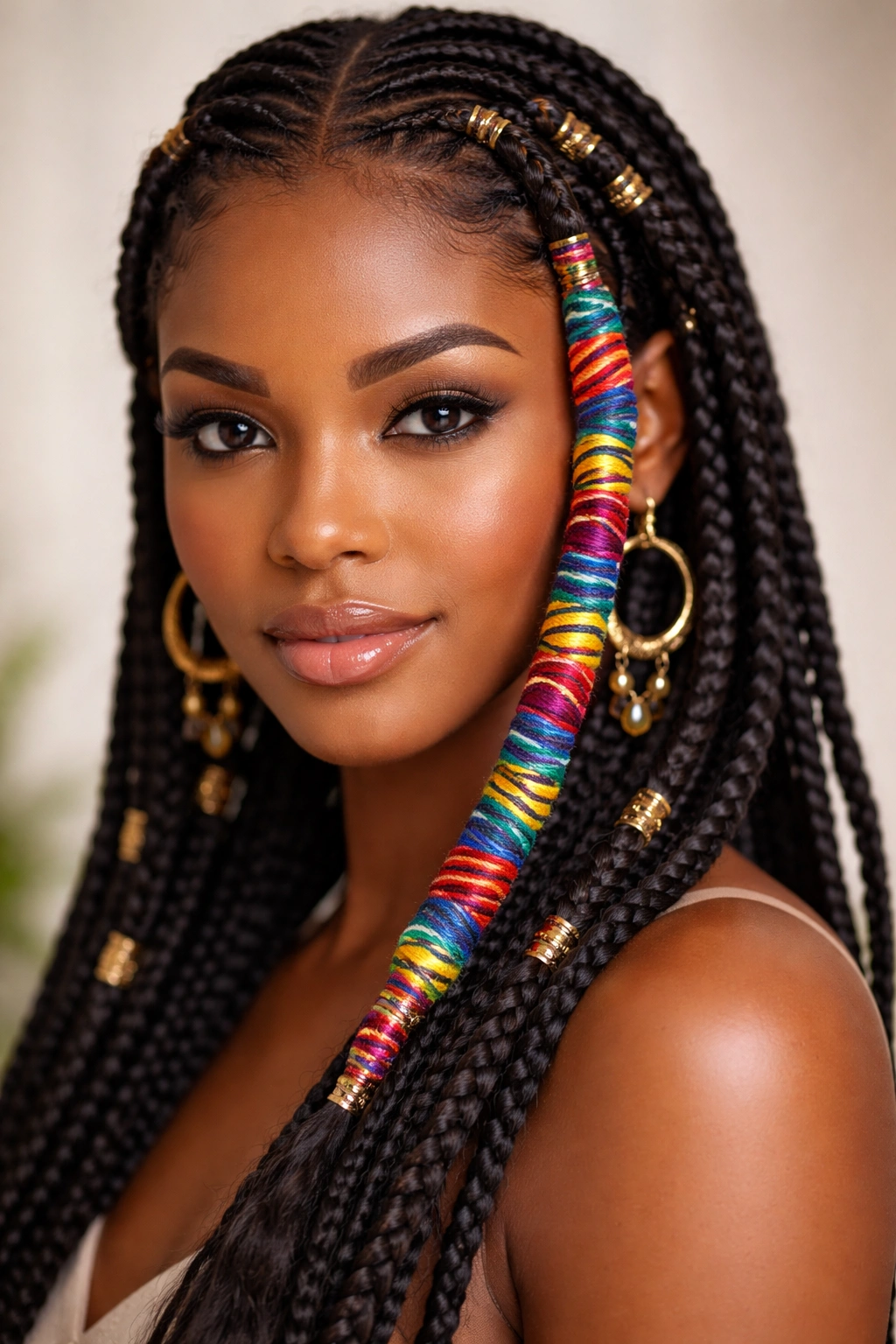 Close-up of Fulani braids with a colorful hair wrap accent.