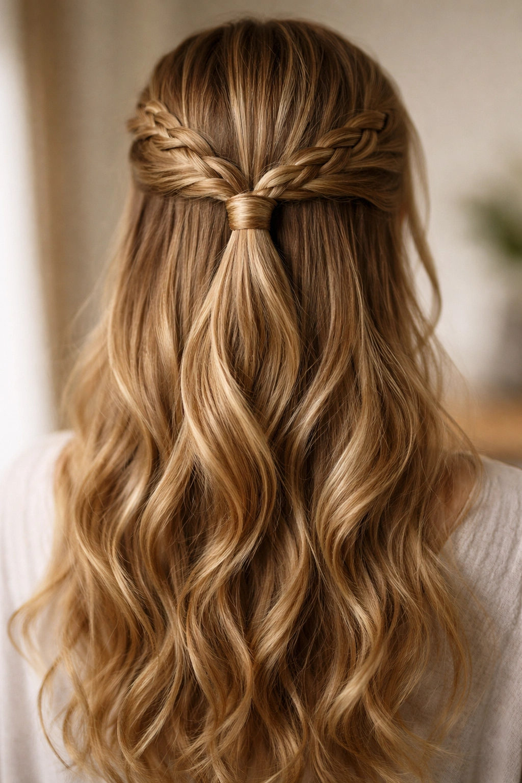 Half-up braid with hair wrap concealing the elastic and loose waves below.