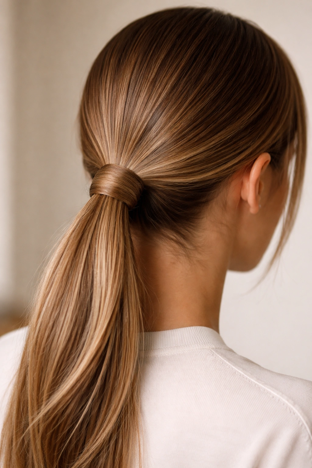 Low ponytail with hair wrapped around base to hide elastic