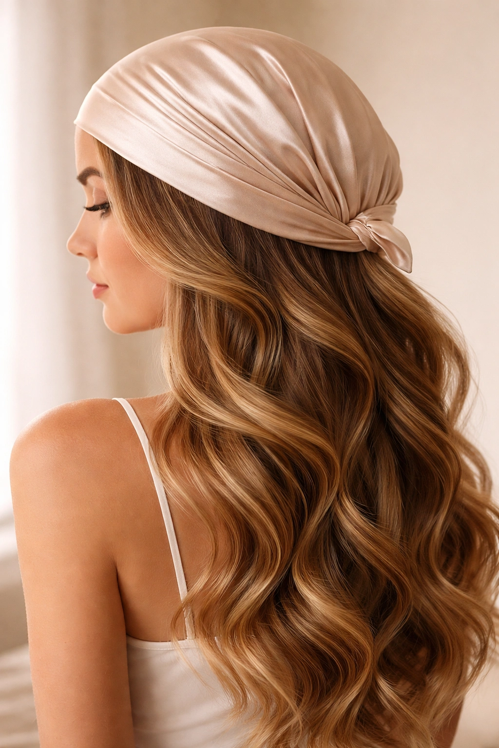 Hair wrapped in satin wrap showing loose waves