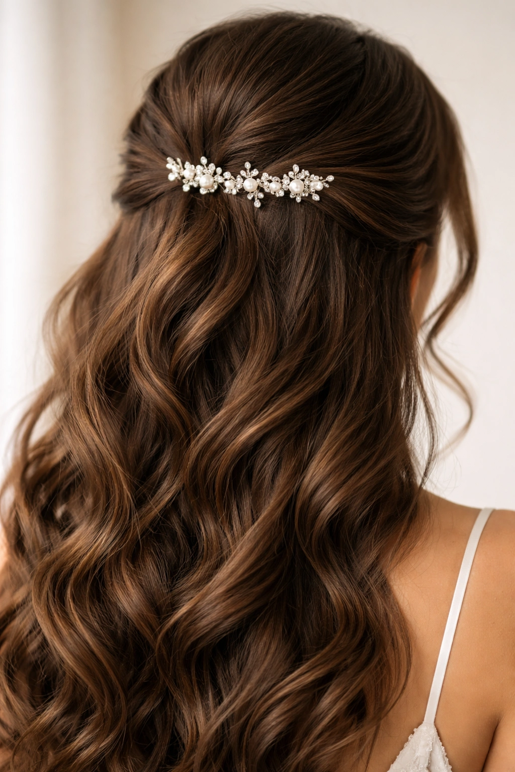 Close-up of thick hair with pearl and crystal pins in a half-up style