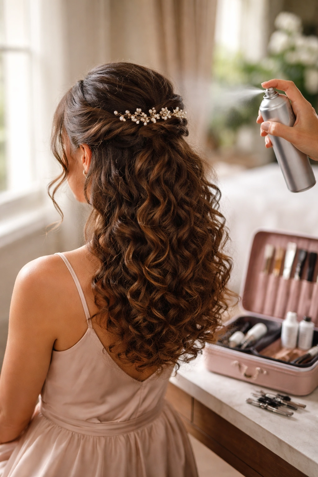 Stylist touched up half-up hairstyle in bridal suite