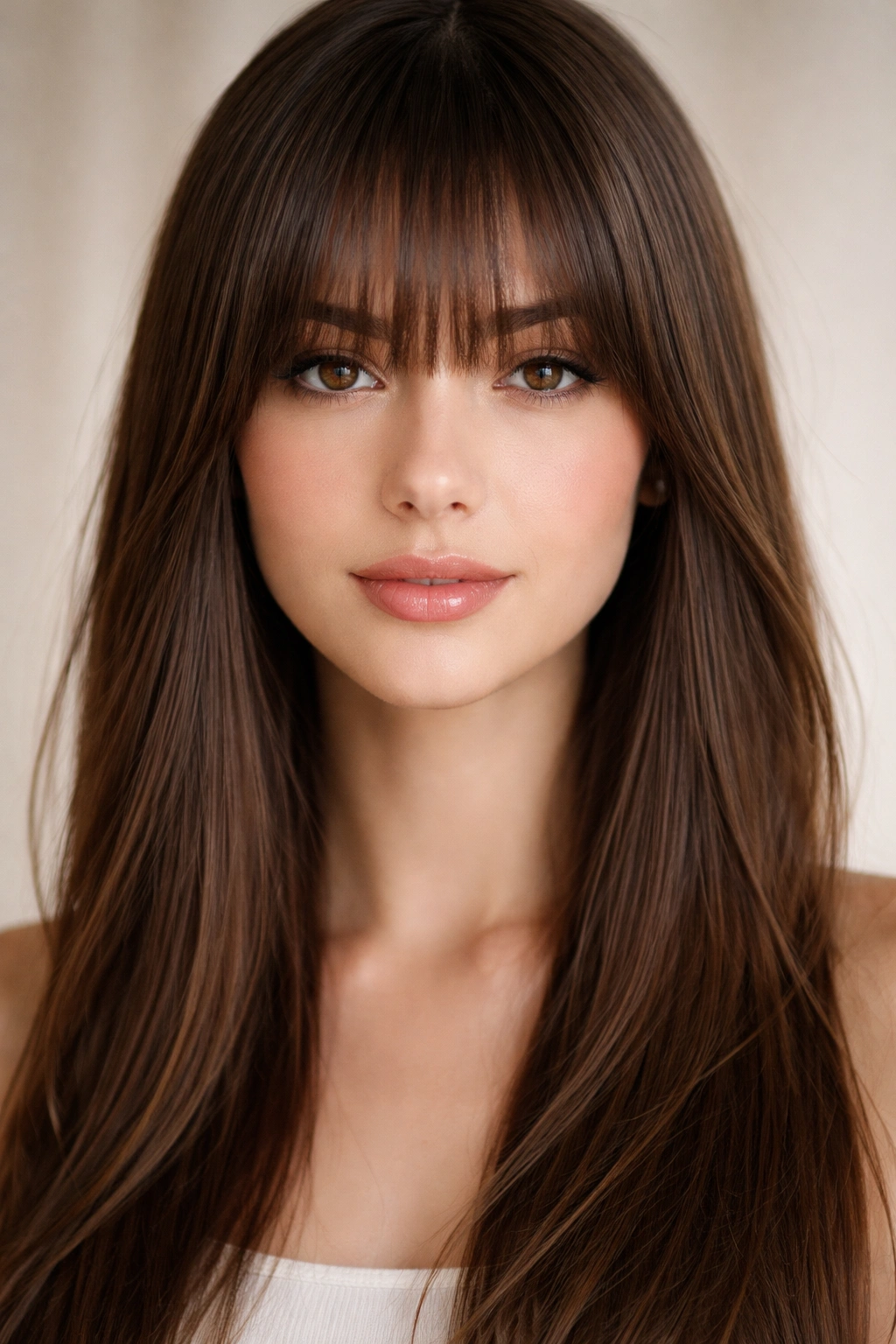 Center-dense half bangs on straight hair with tapering sides