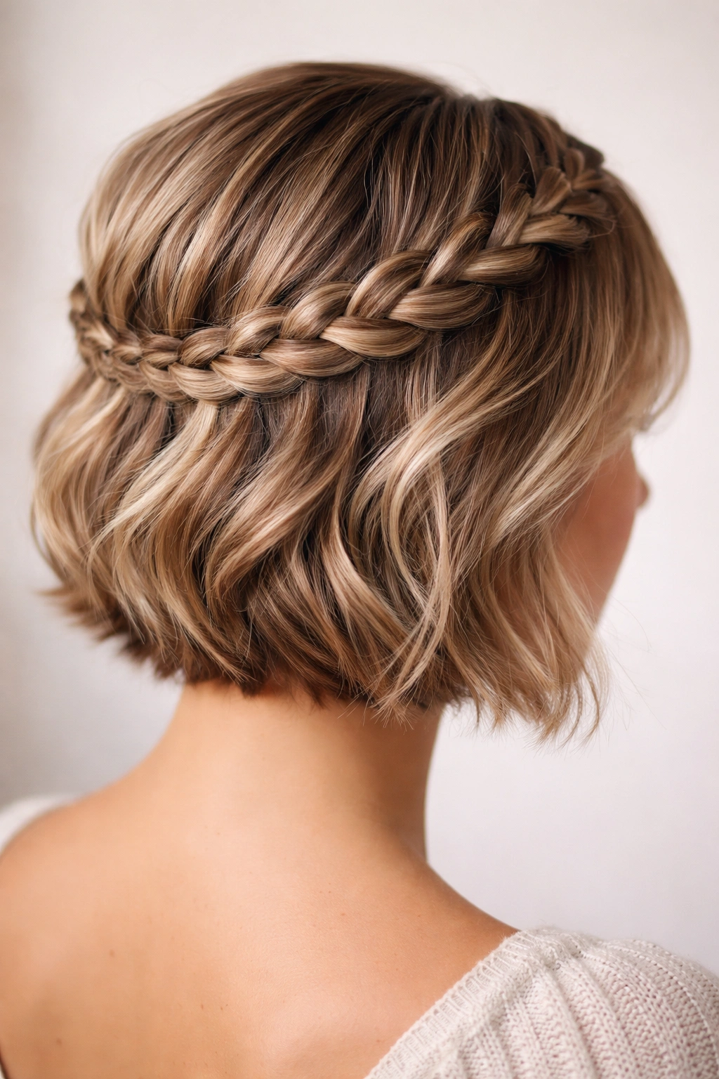 Close-up of short hair styled with a half braided and half twisted crown around the head