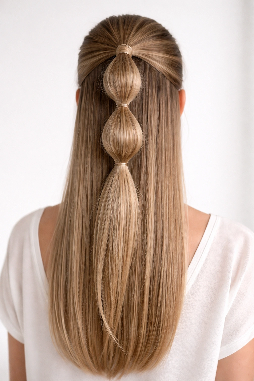 The Half Bubble Ponytail showing stacked bubbles along the half-up section