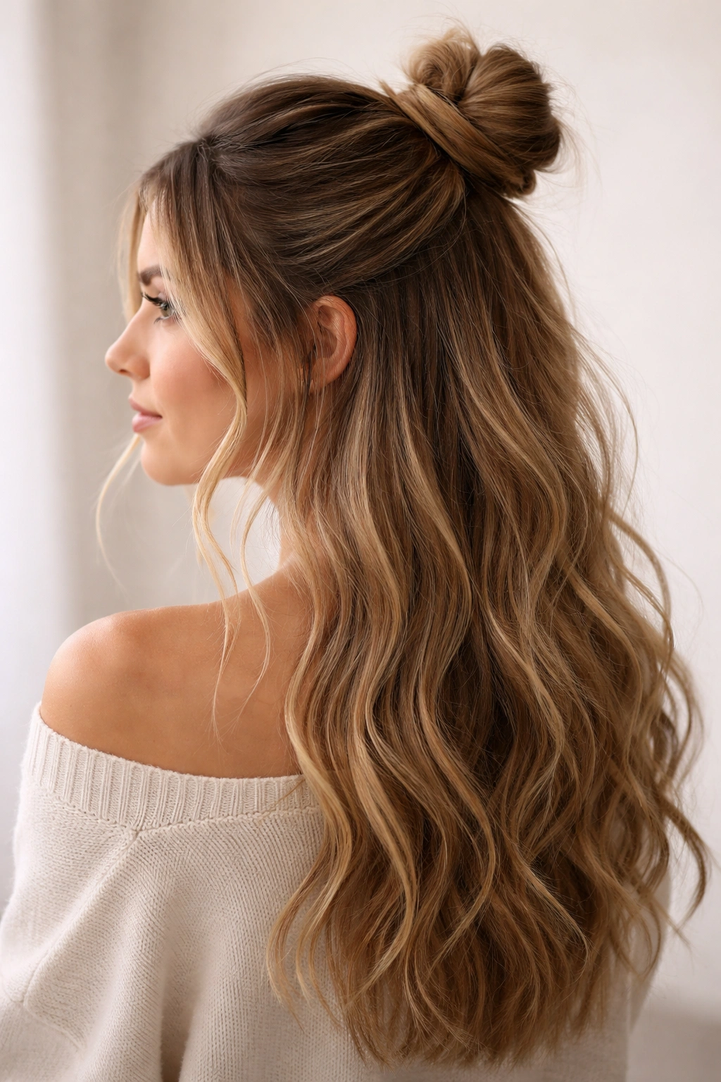 Half bun with strands framing the face and hair down below