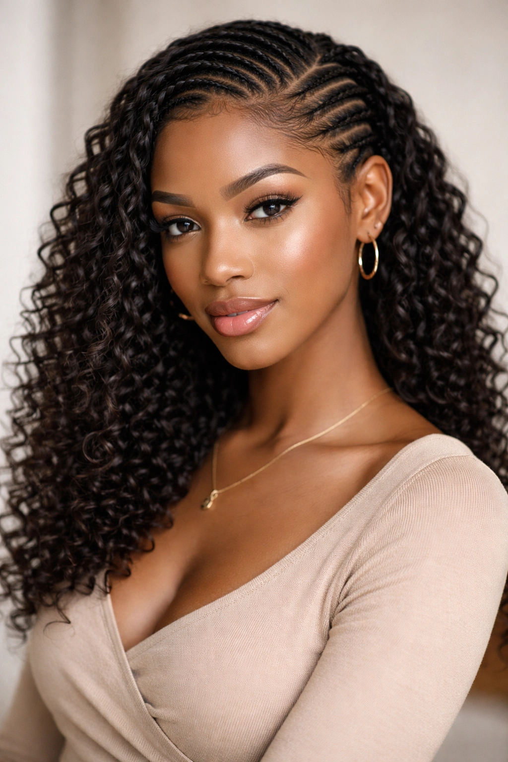 Close-up of half cornrows transitioning into bouncy coils