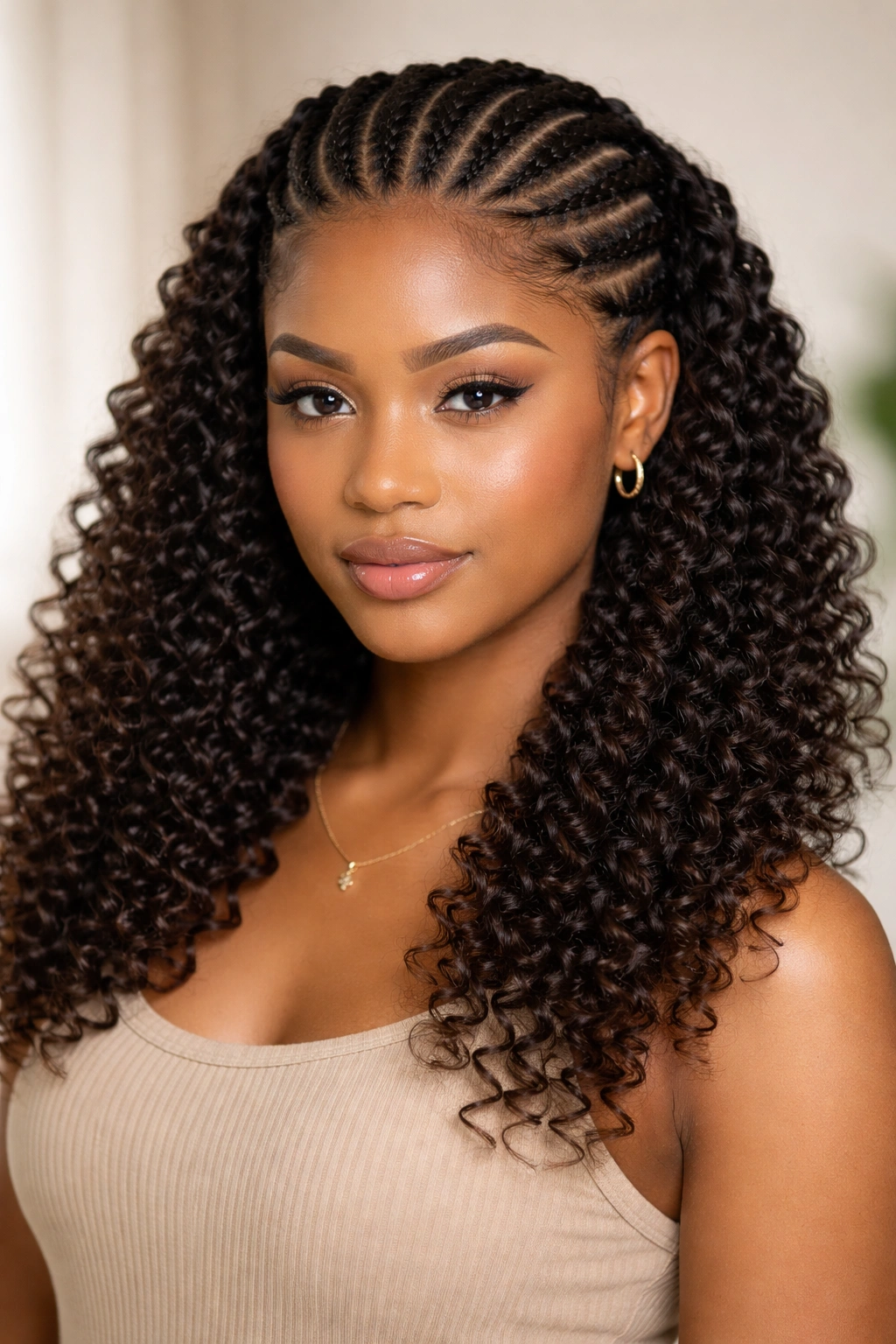 Close-up of crochet-curled ends braided into half cornrows