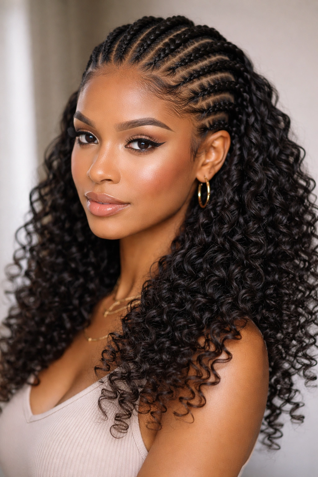 Close-up of defined, uniform curls at the ends with cornrows