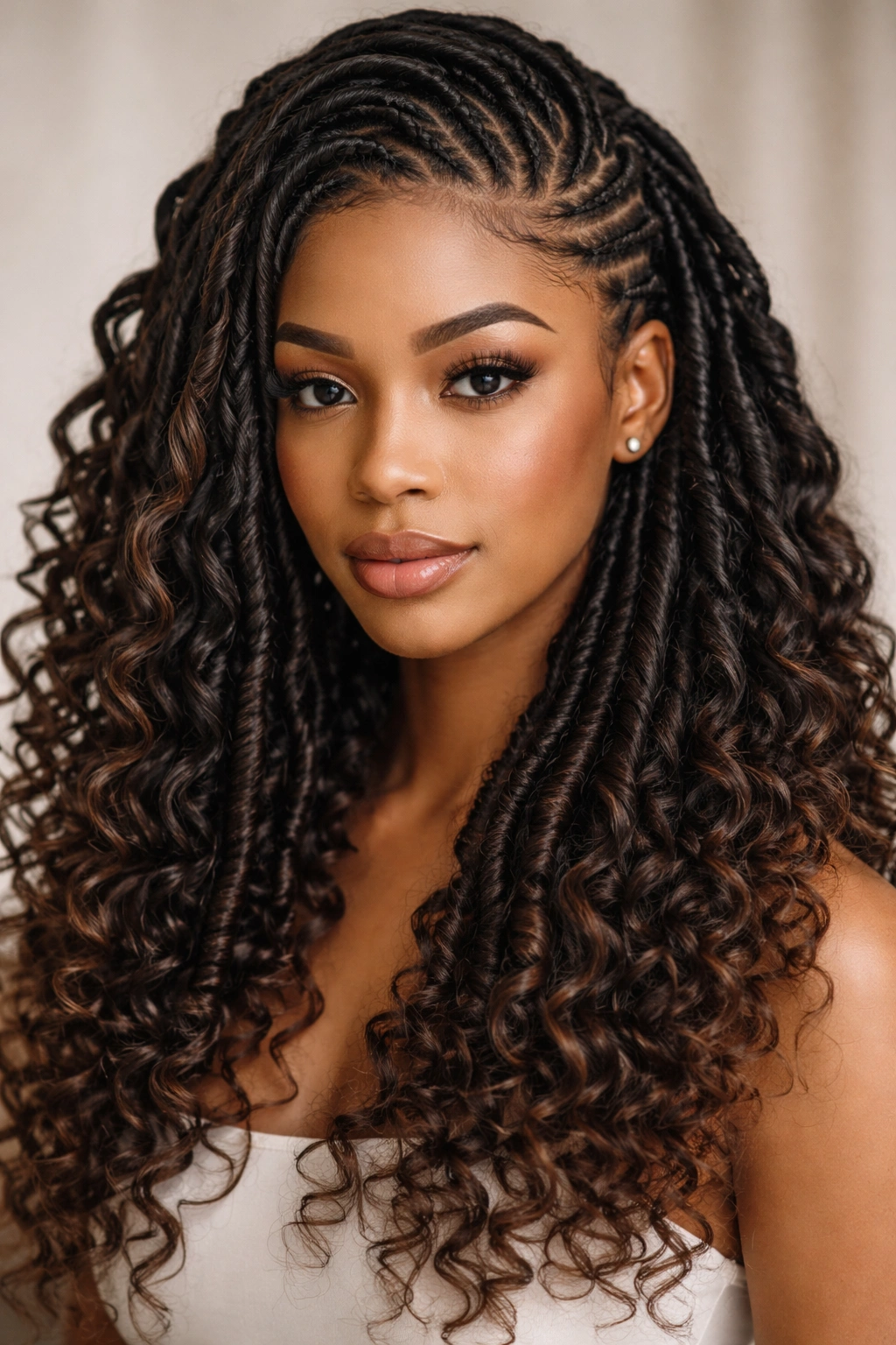 Close-up of half cornrows transitioning into faux locs with curly ends, showcasing texture
