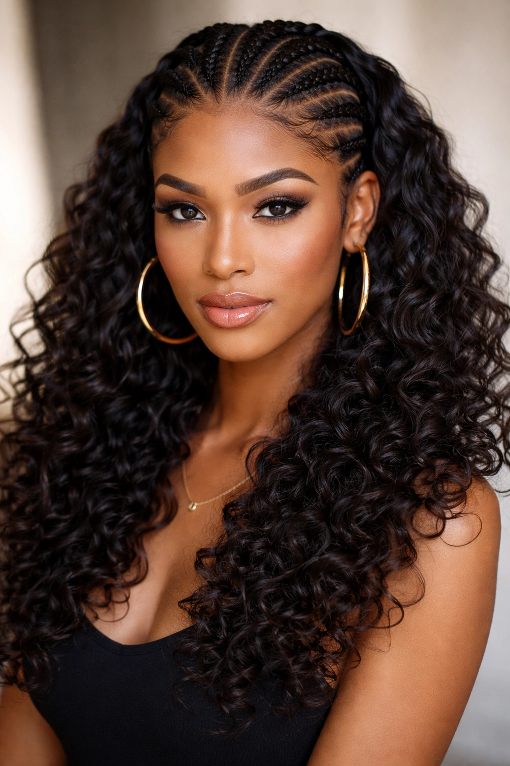Portrait of half cornrows with large jumbo curls for bold volume