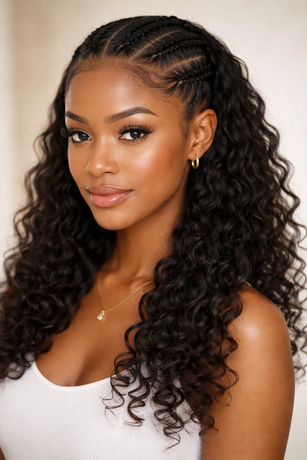 Close-up of classic half cornrows with loose curls framing the face in a neutral studio setting