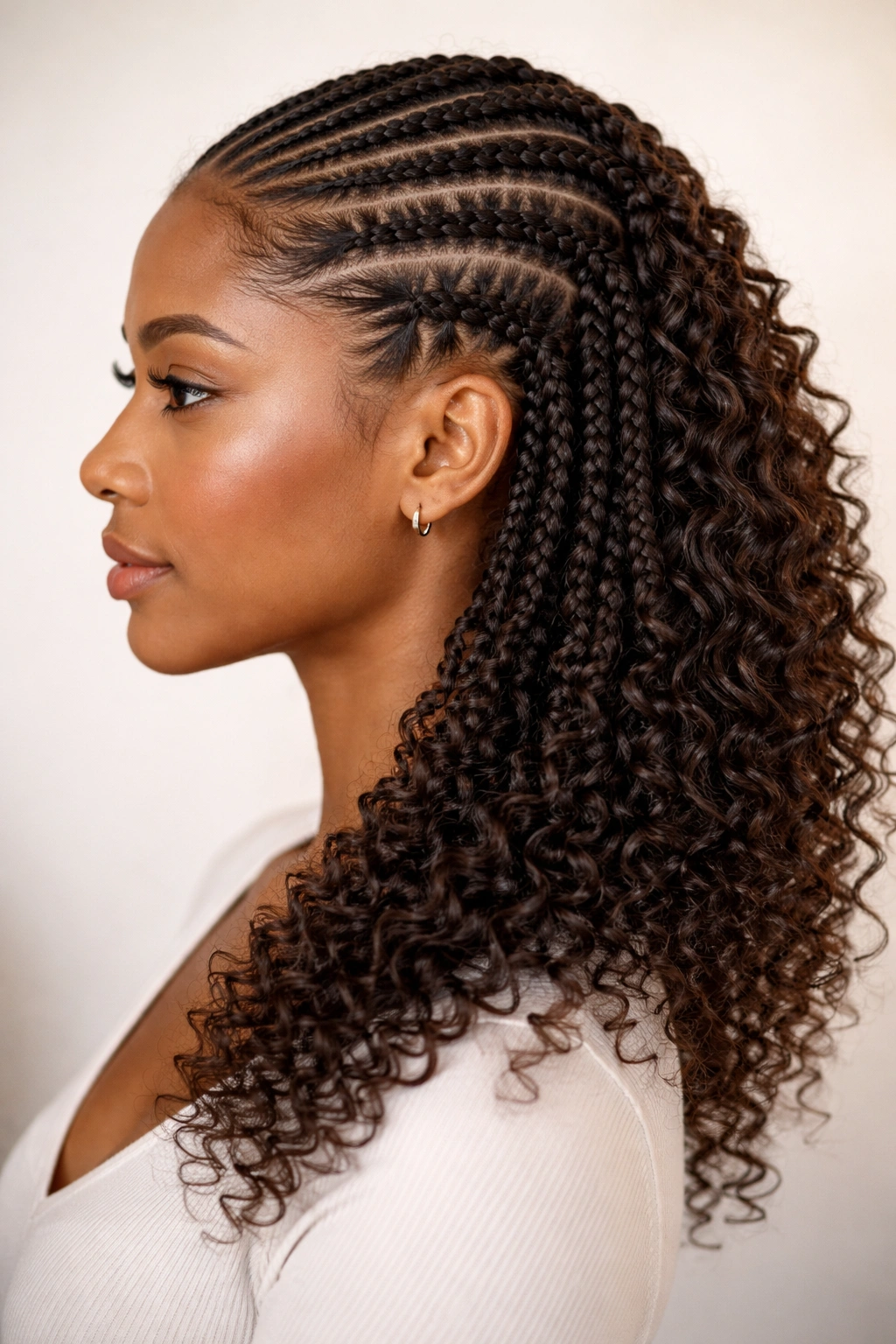 Side profile of half cornrows transitioning into micro twists and curly ends in a studio.
