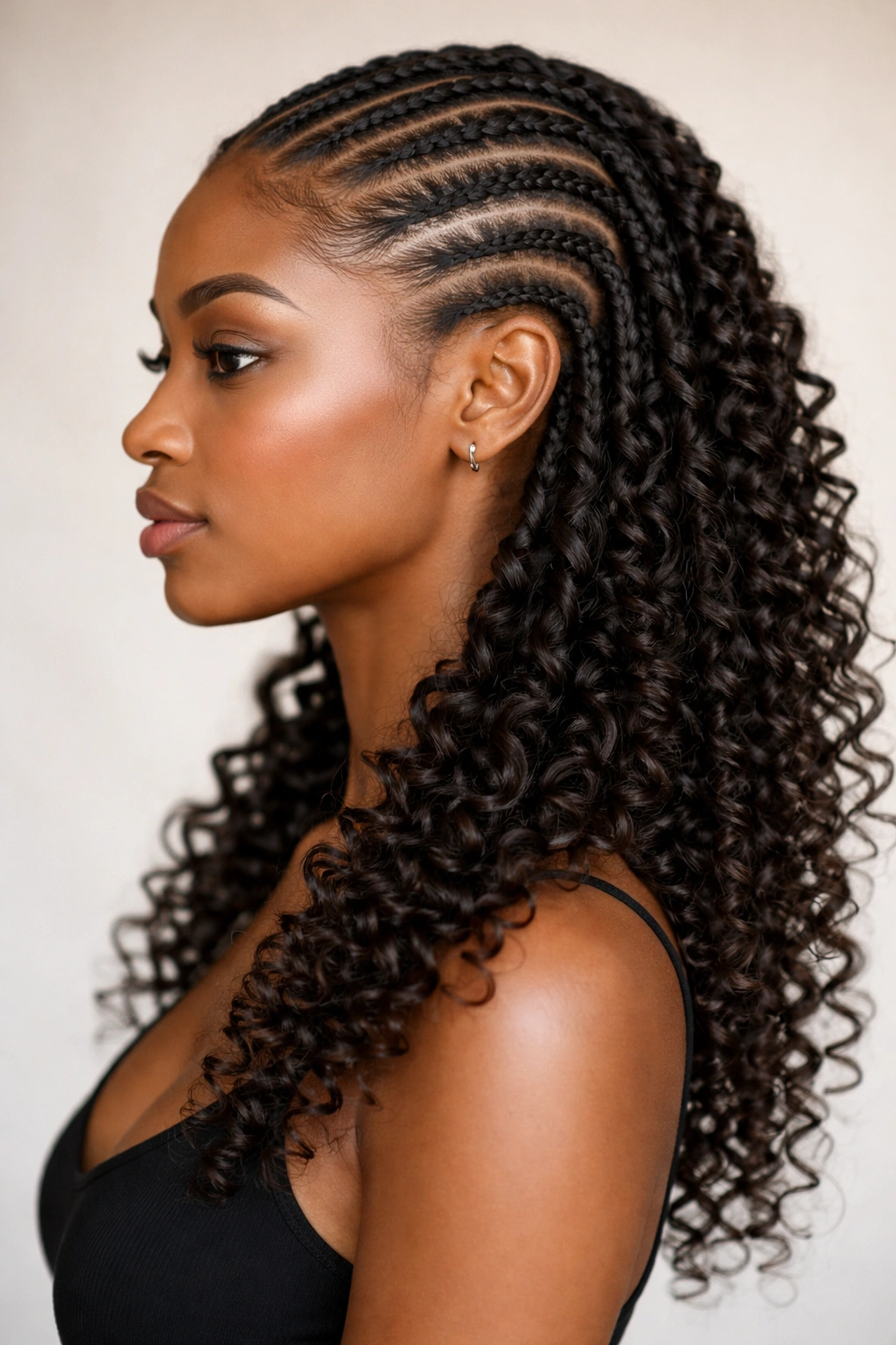 Close-up side profile of half cornrows with spiral curly ends