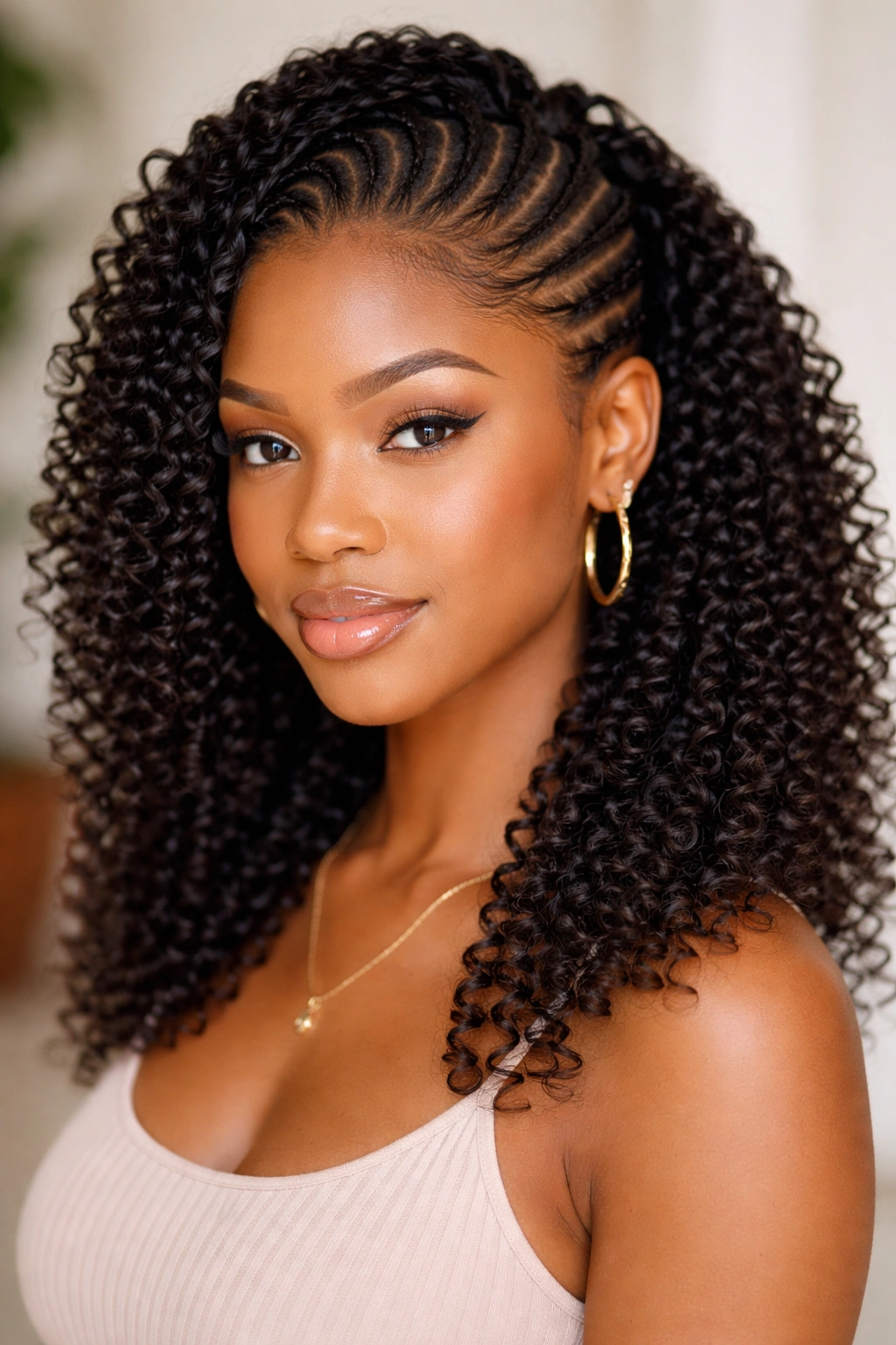 Half cornrows transitioning into tight spring coils in a studio portrait.