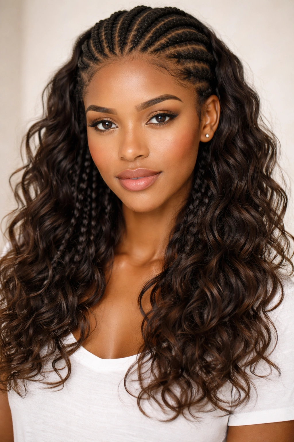 Half cornrows ending in soft beachy waves with natural texture