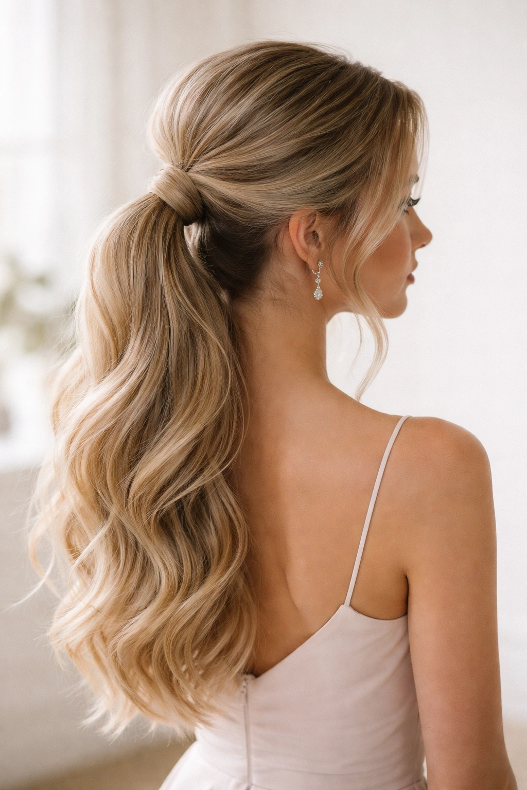 Half-up half-down low ponytail with top gathered and bottom loose waves