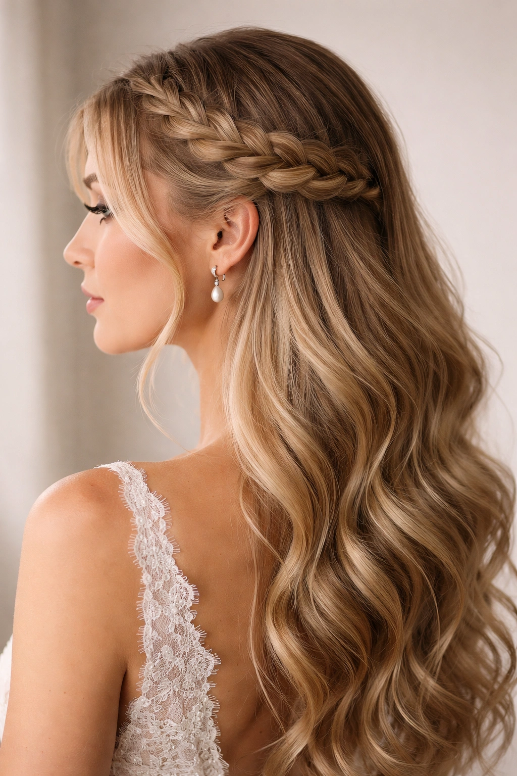 Close-up of a half halo crown braid ending at the ear, modern bridal style