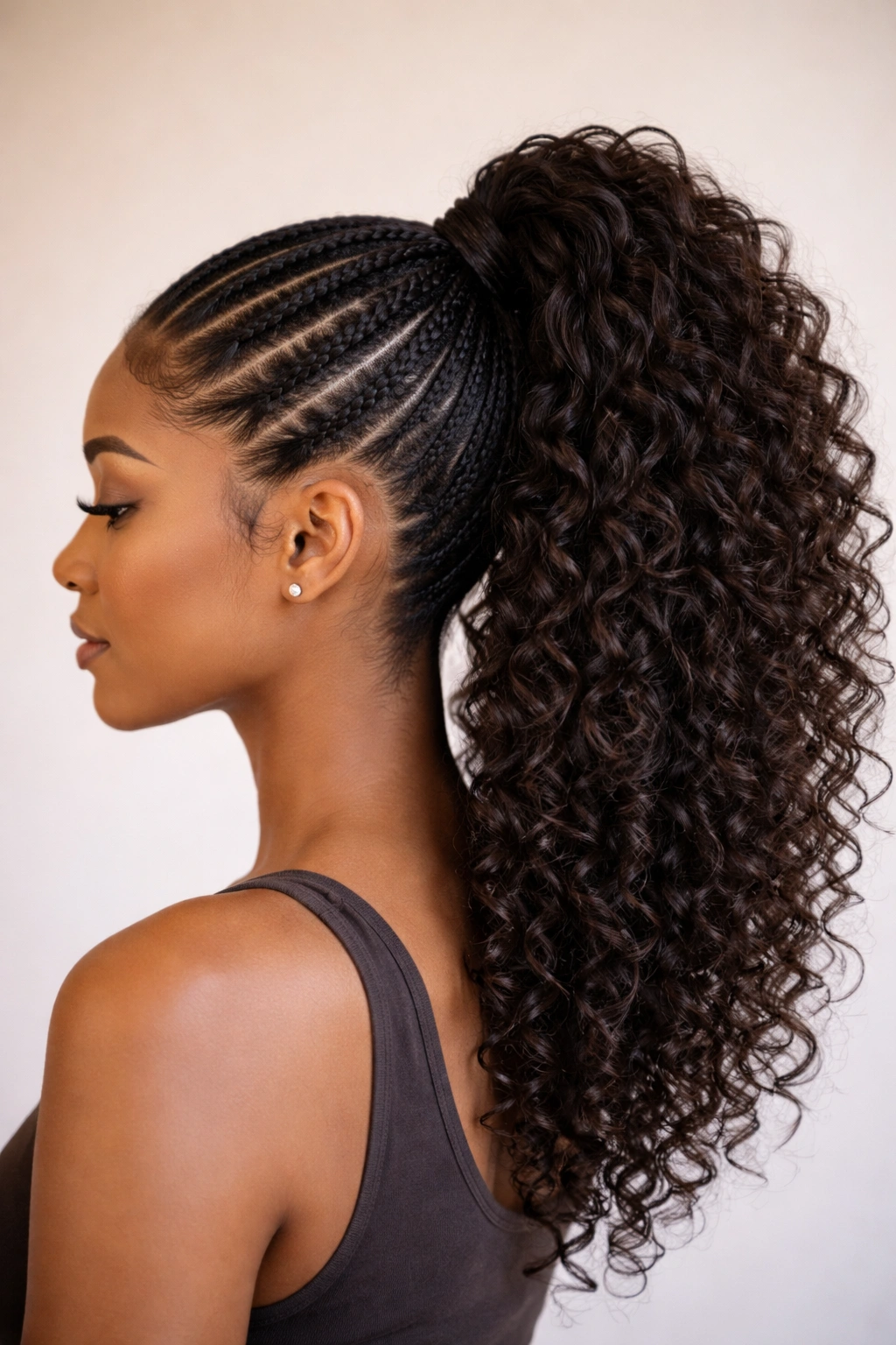 Half-head braids with lifted high ponytail on curly hair