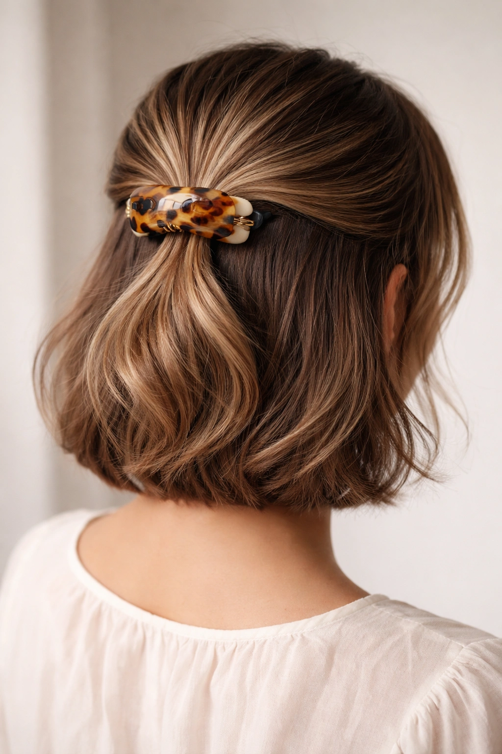 Bob half ponytail secured with decorative clip at crown