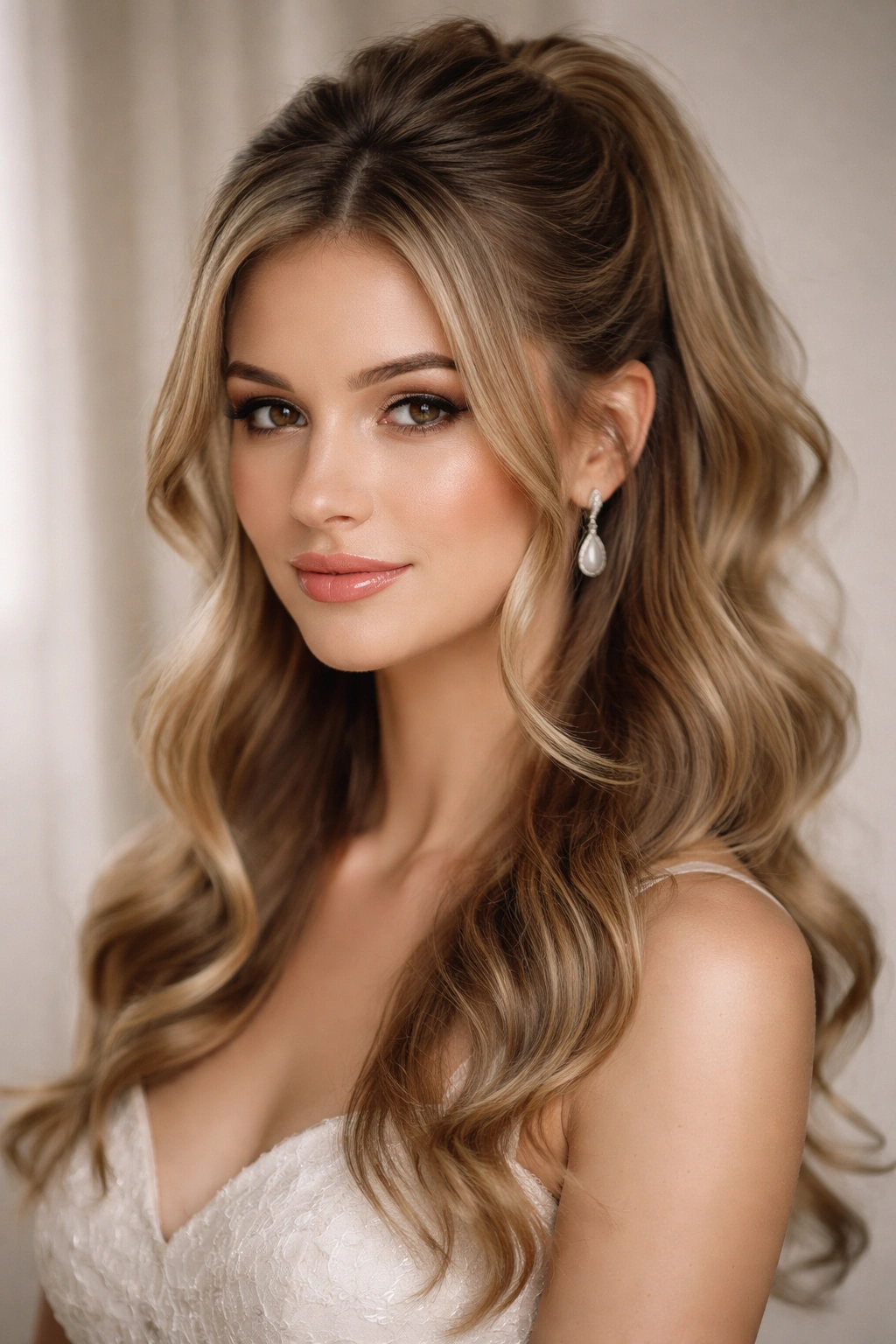 Close-up of a half-up hairstyle with face-framing waves and soft curls around the face