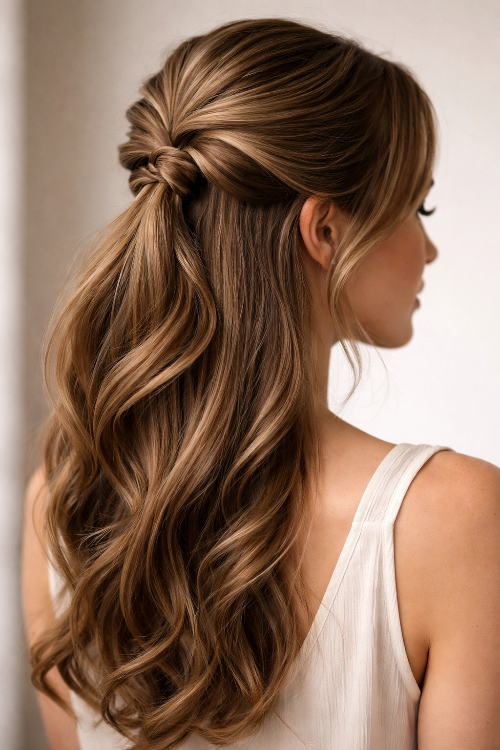 Close-up of a half ponytail with looped sections and pinned loops for texture