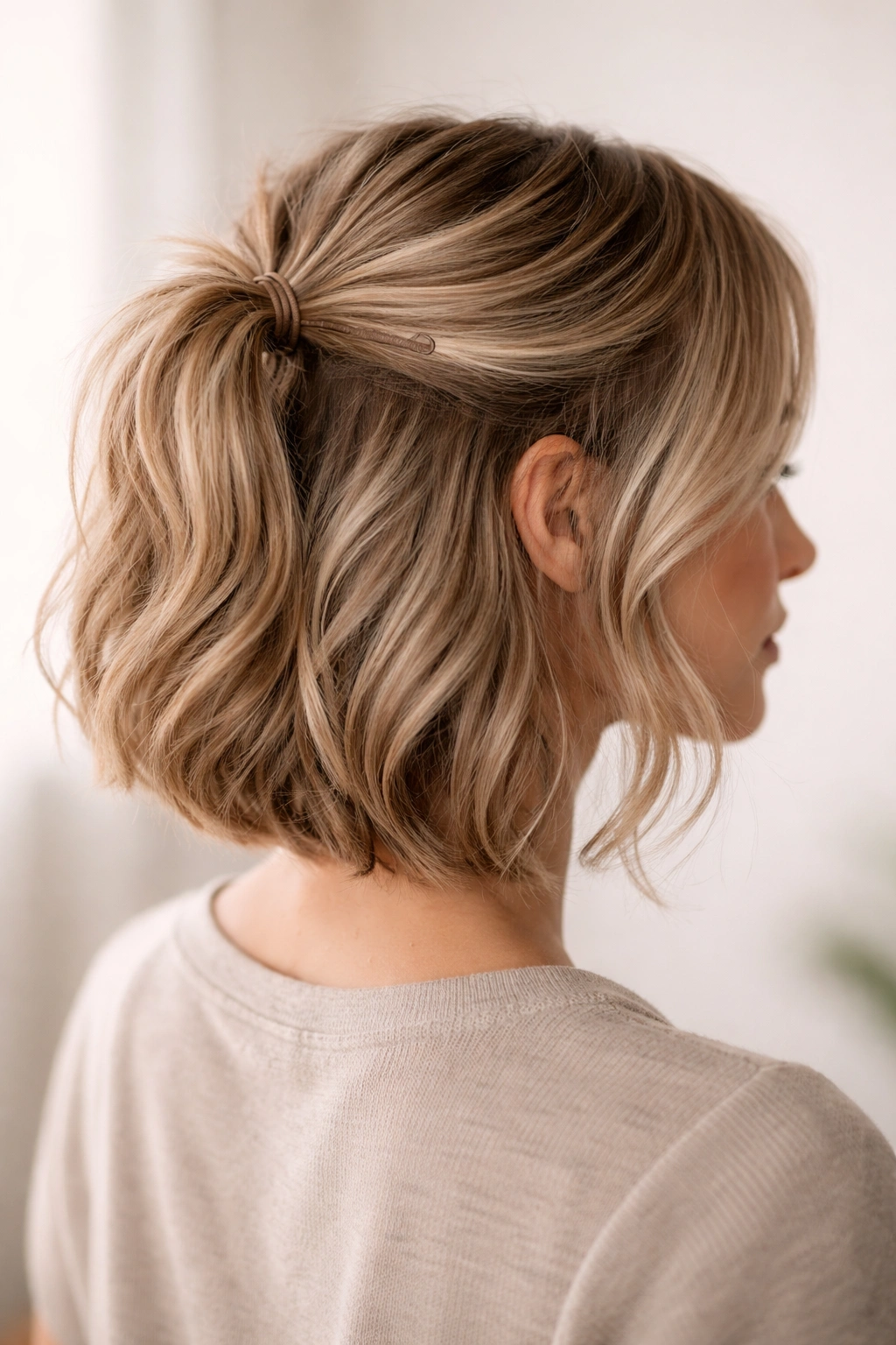Close-up of half ponytail on bob showing textured gathered hair secured by elastic and a small bobby pin