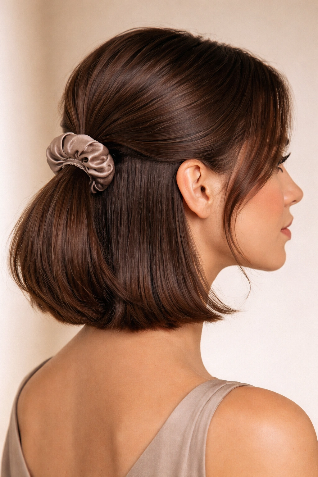 Close-up of sleek low half ponytail secured with silk scrunchie on bob